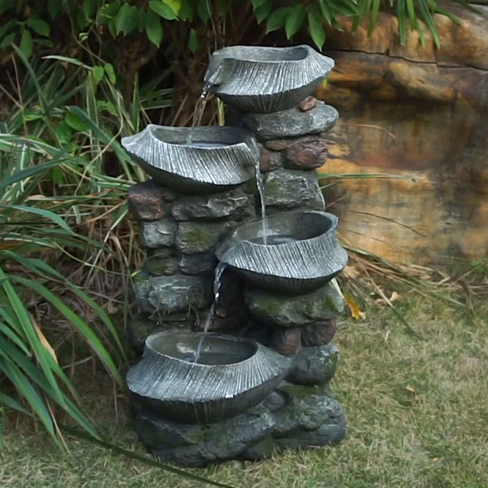 Indoor Outdoor Stone Water Fountain - 4 Tier Polyresin with LED Light - Image 2