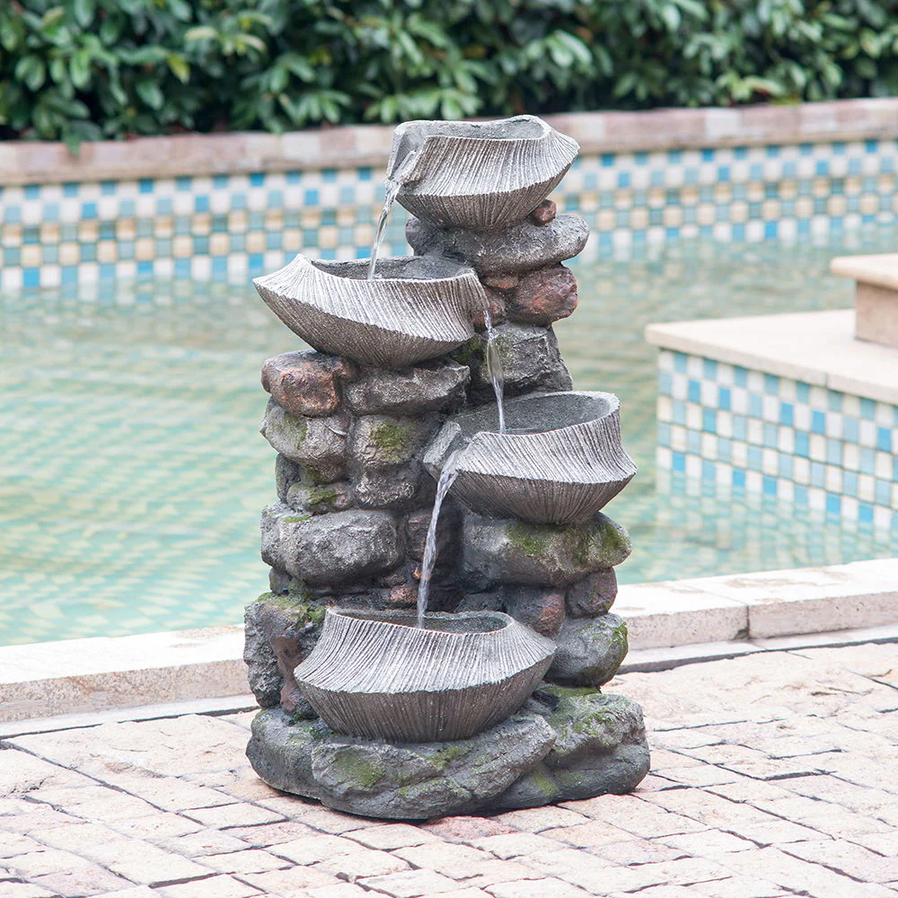 Indoor Outdoor Stone Water Fountain - 4 Tier Polyresin with LED Light - Image 3