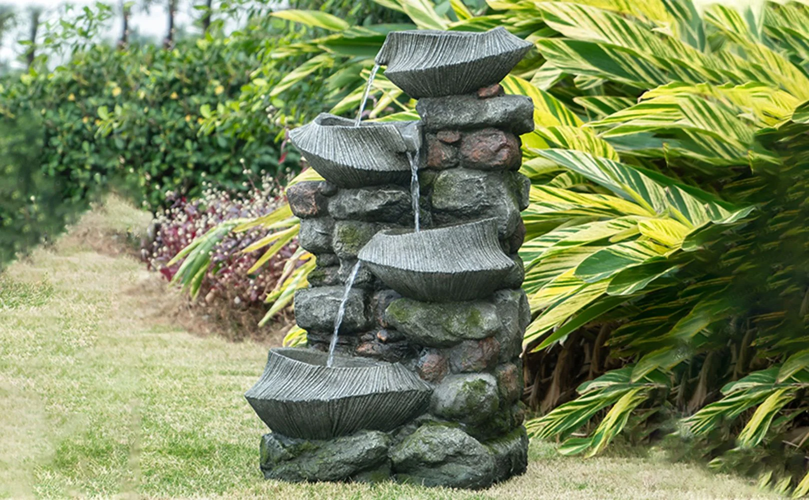 Indoor Outdoor Stone Water Fountain - 4 Tier Polyresin with LED Light - Image 8