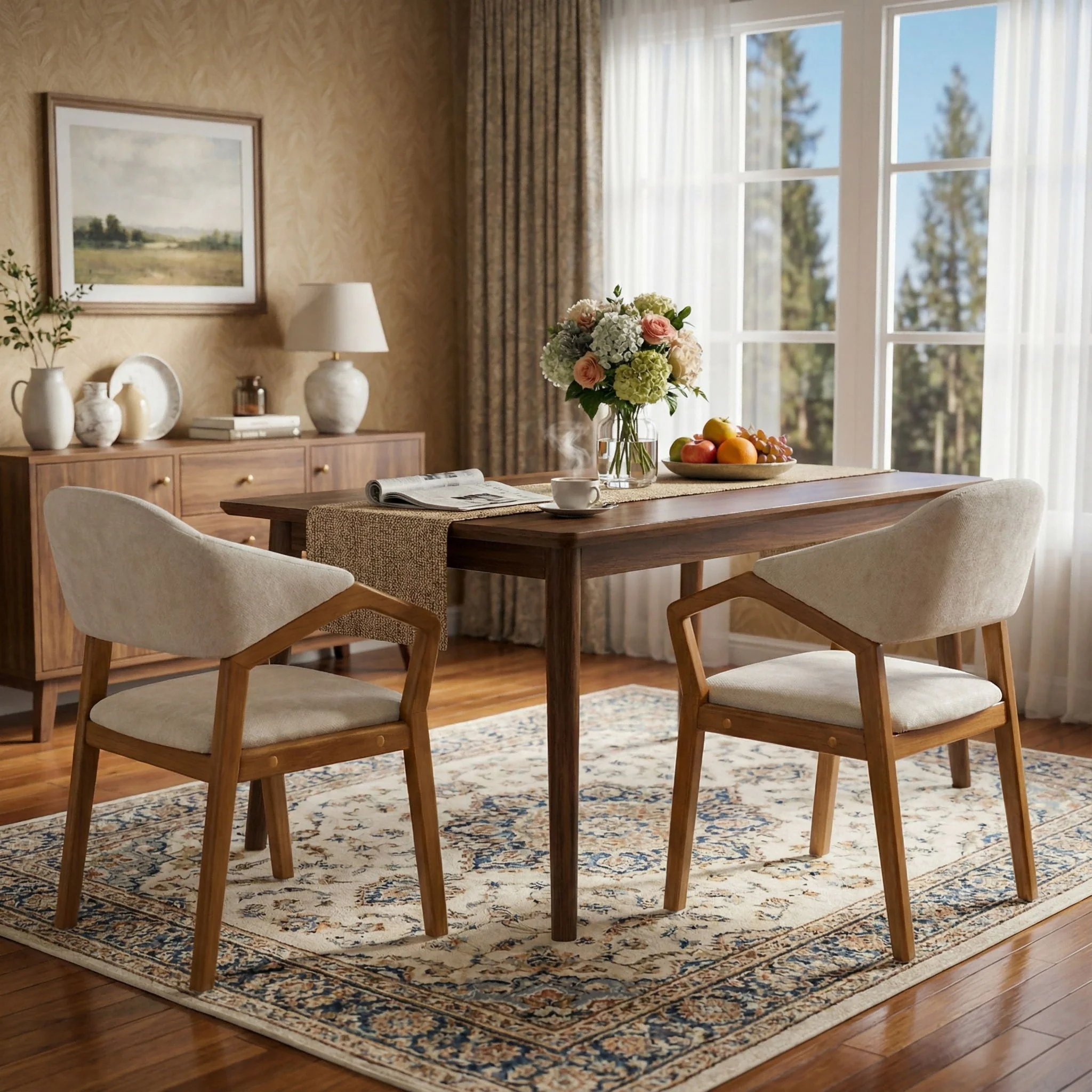 Indoor Upholstered Dining Armchair (Set of 2) - Beige / Teak - Image 2