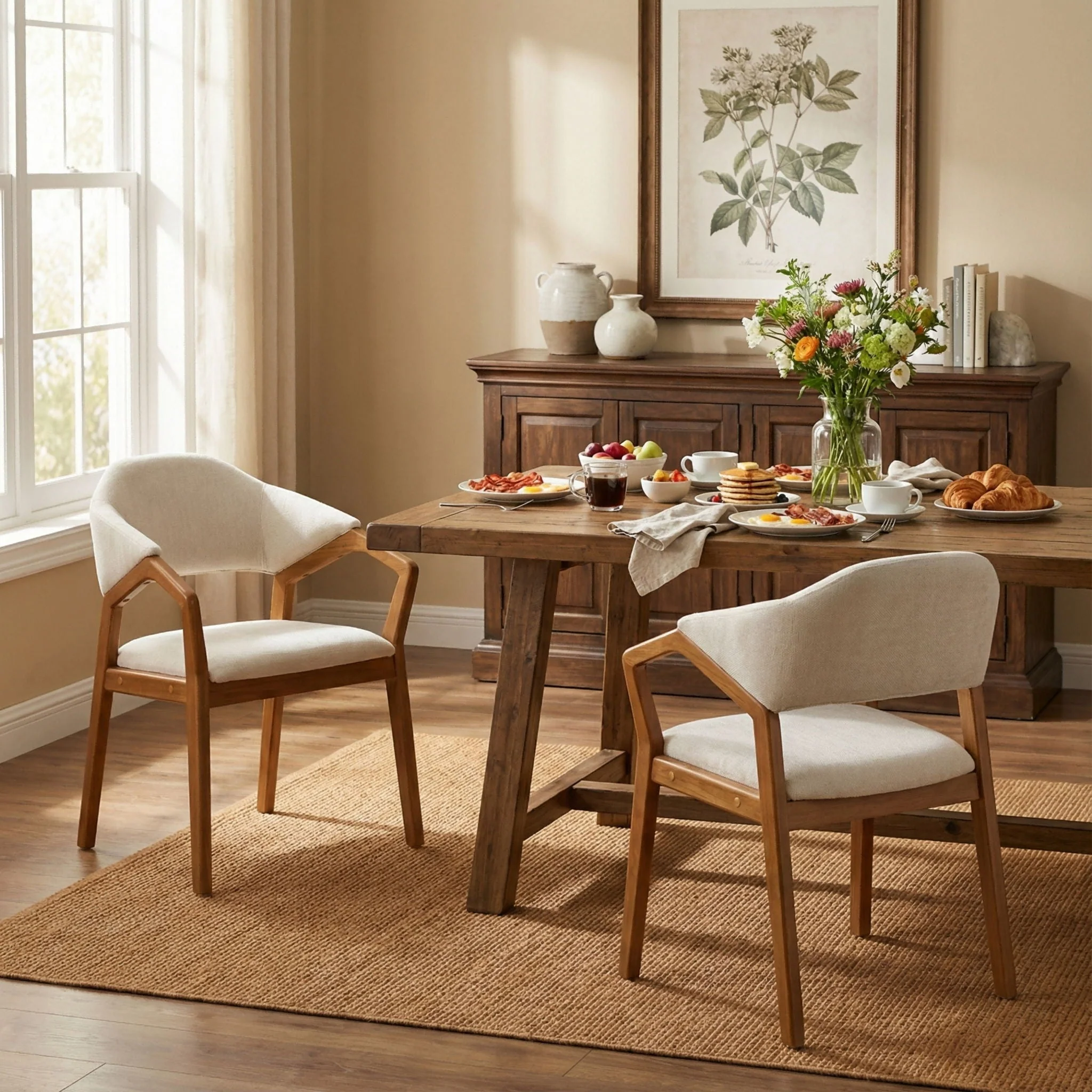 Indoor Upholstered Dining Armchair (Set of 2) - Beige / Teak - Image 4