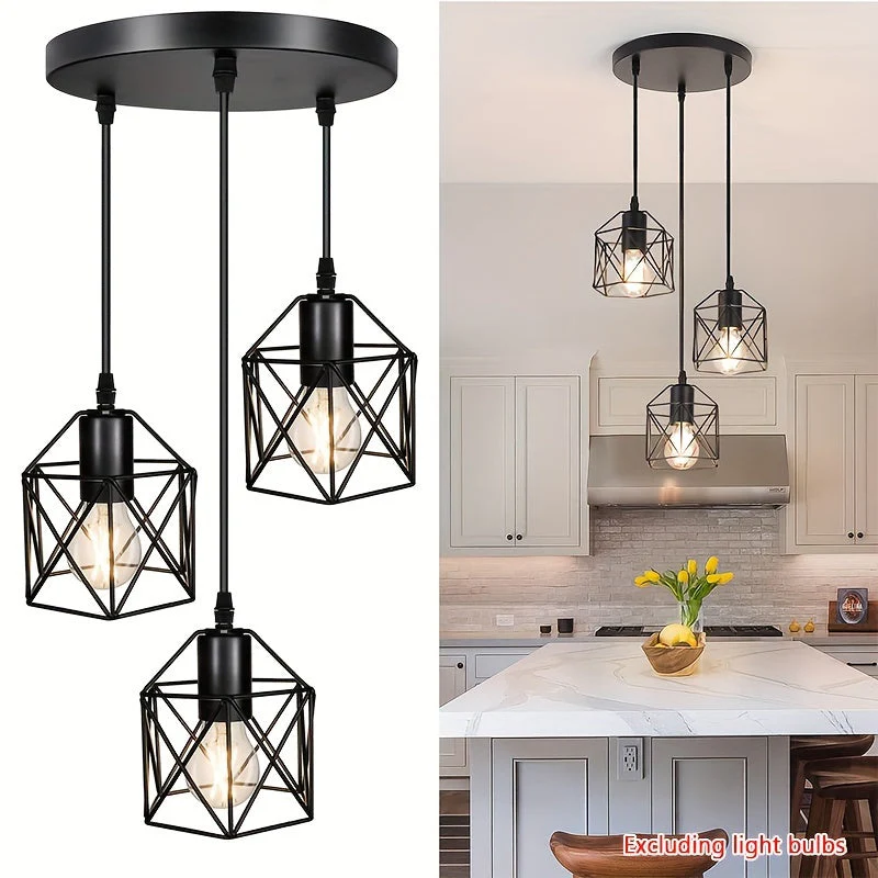 Industrial Farmhouse Pendant Light – Adjustable Metal Cage Fixture for Kitchen