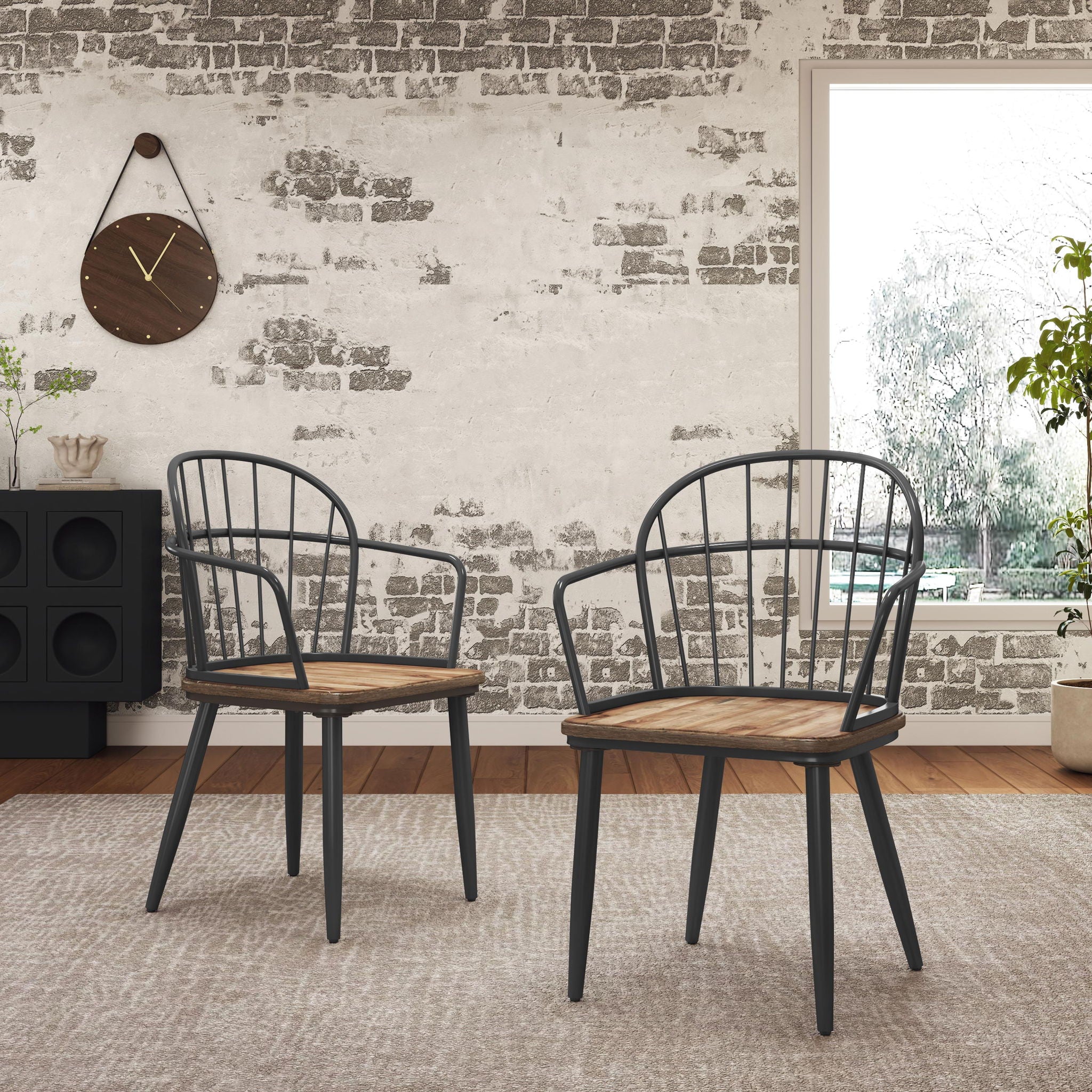 Industrial Inspired Indoor Dining Chair With Metal Legs and Birch (Set of 2) - Black / Natural - Image 2