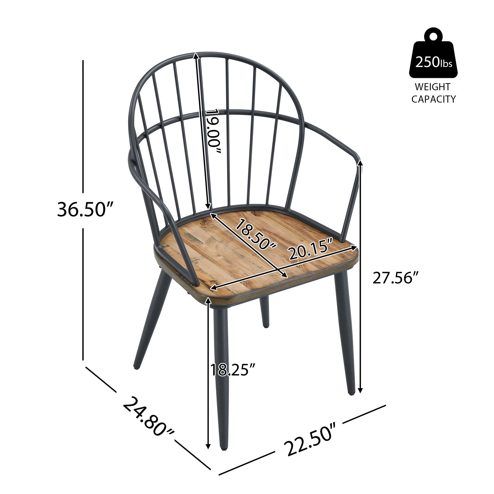 Industrial Inspired Indoor Dining Chair With Metal Legs and Birch (Set of 2) - Black / Natural - Image 4
