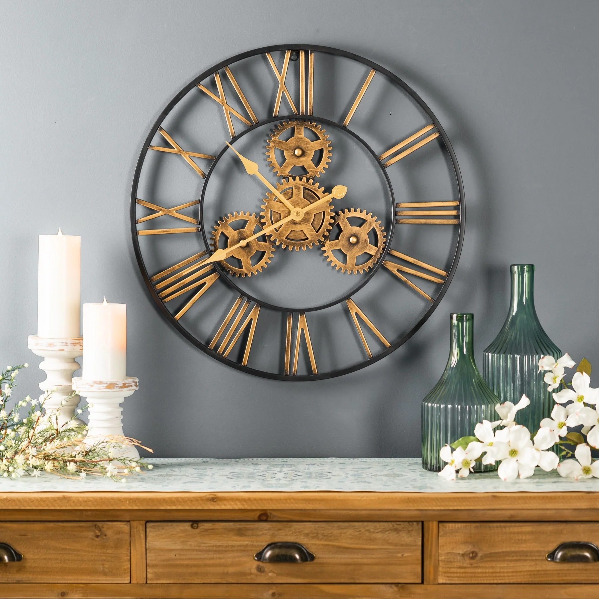 Industrial Iron Gears Wall Clock with Roman Numerals 23.75"D - Image 2
