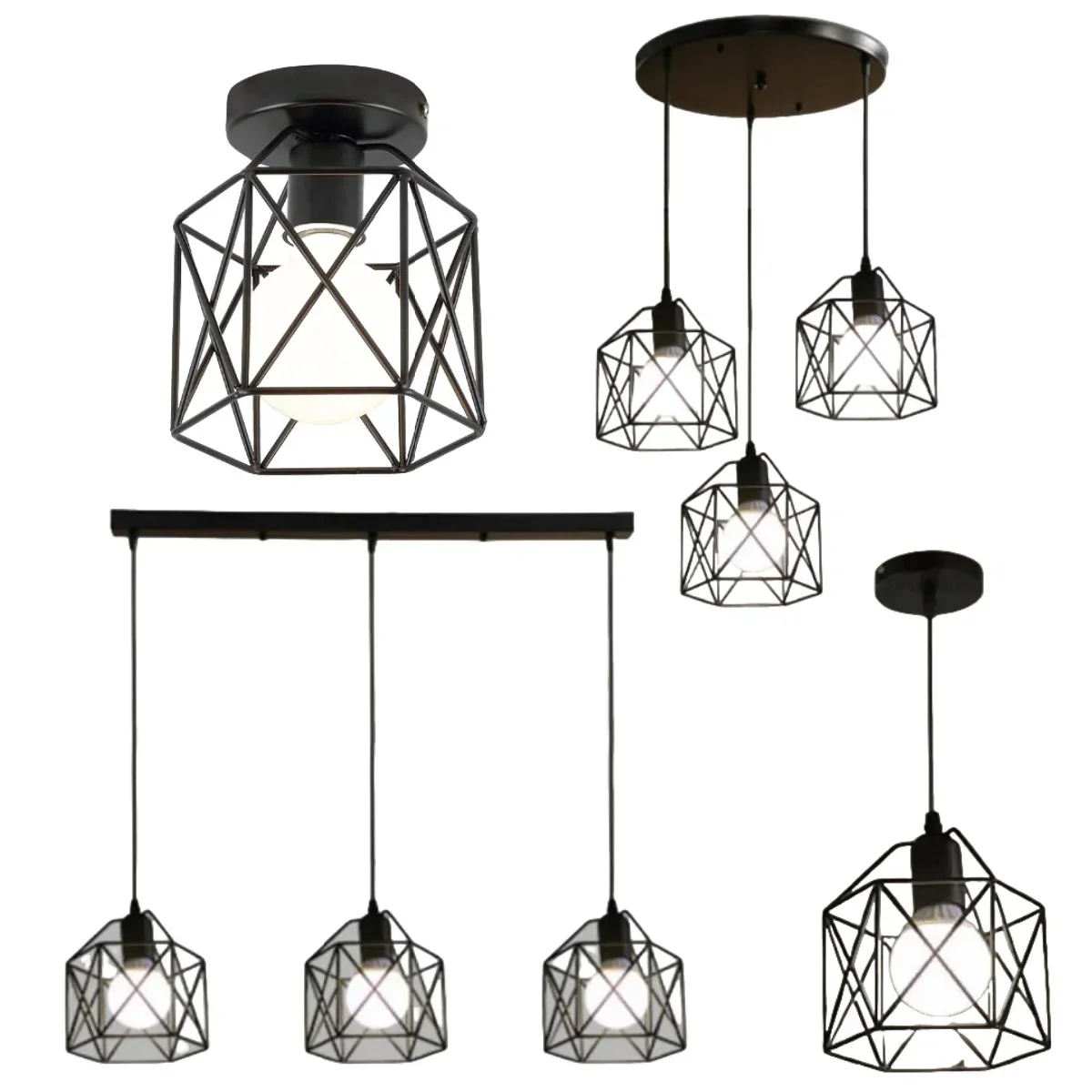 Industrial LED Pendant Light – Modern Metal Cage Hanging Lamp for Dining Room