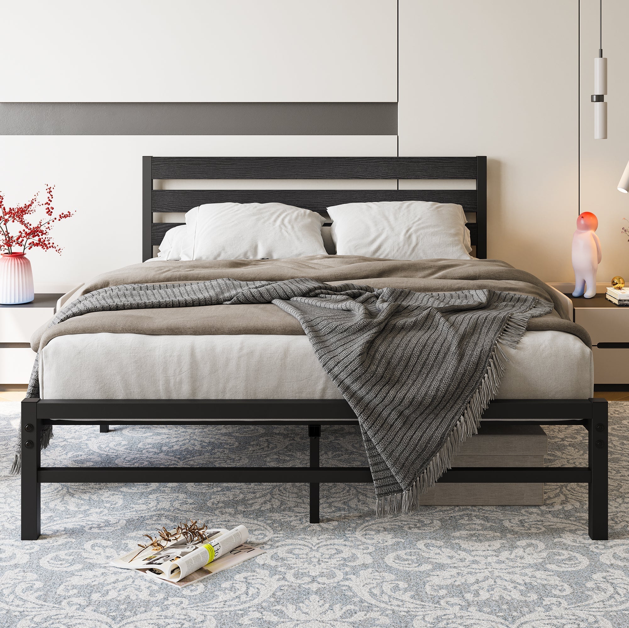 Industrial Platform Bed with Storage and Vintage Wood Headboard - Black - Image 2