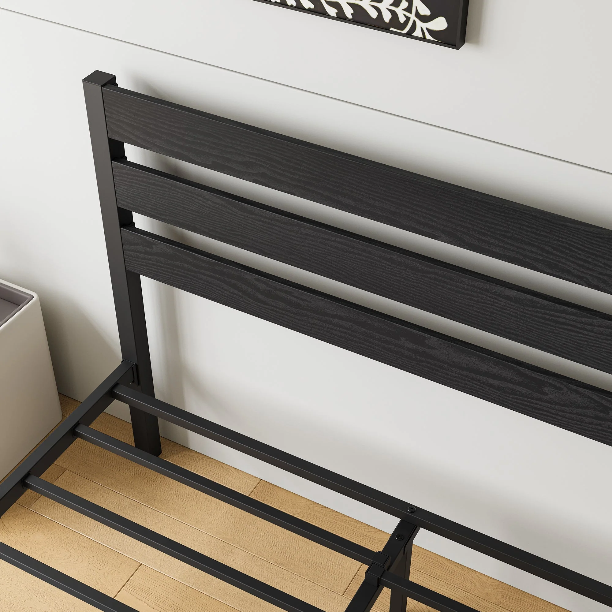 Industrial Platform Bed with Storage and Vintage Wood Headboard - Black - Image 3