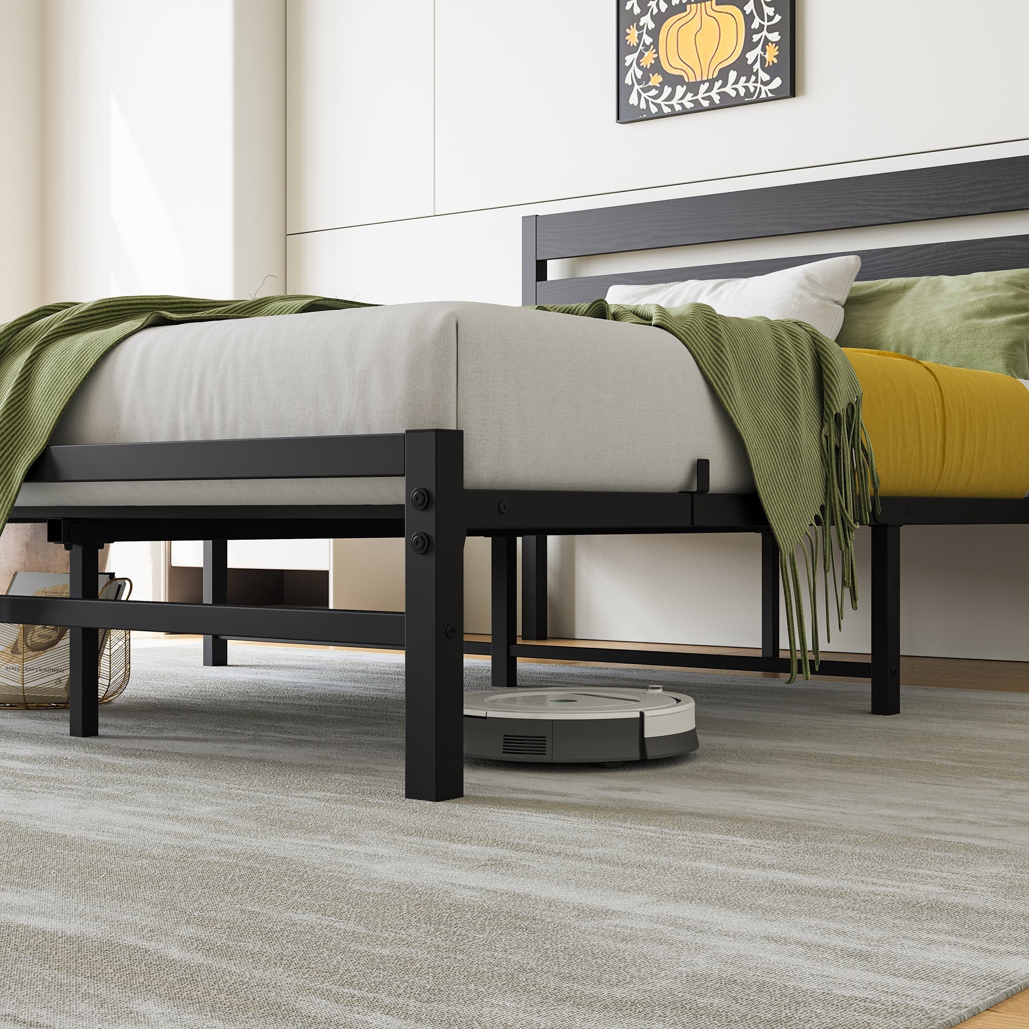 Industrial Platform Bed with Storage and Vintage Wood Headboard - Black - Image 4
