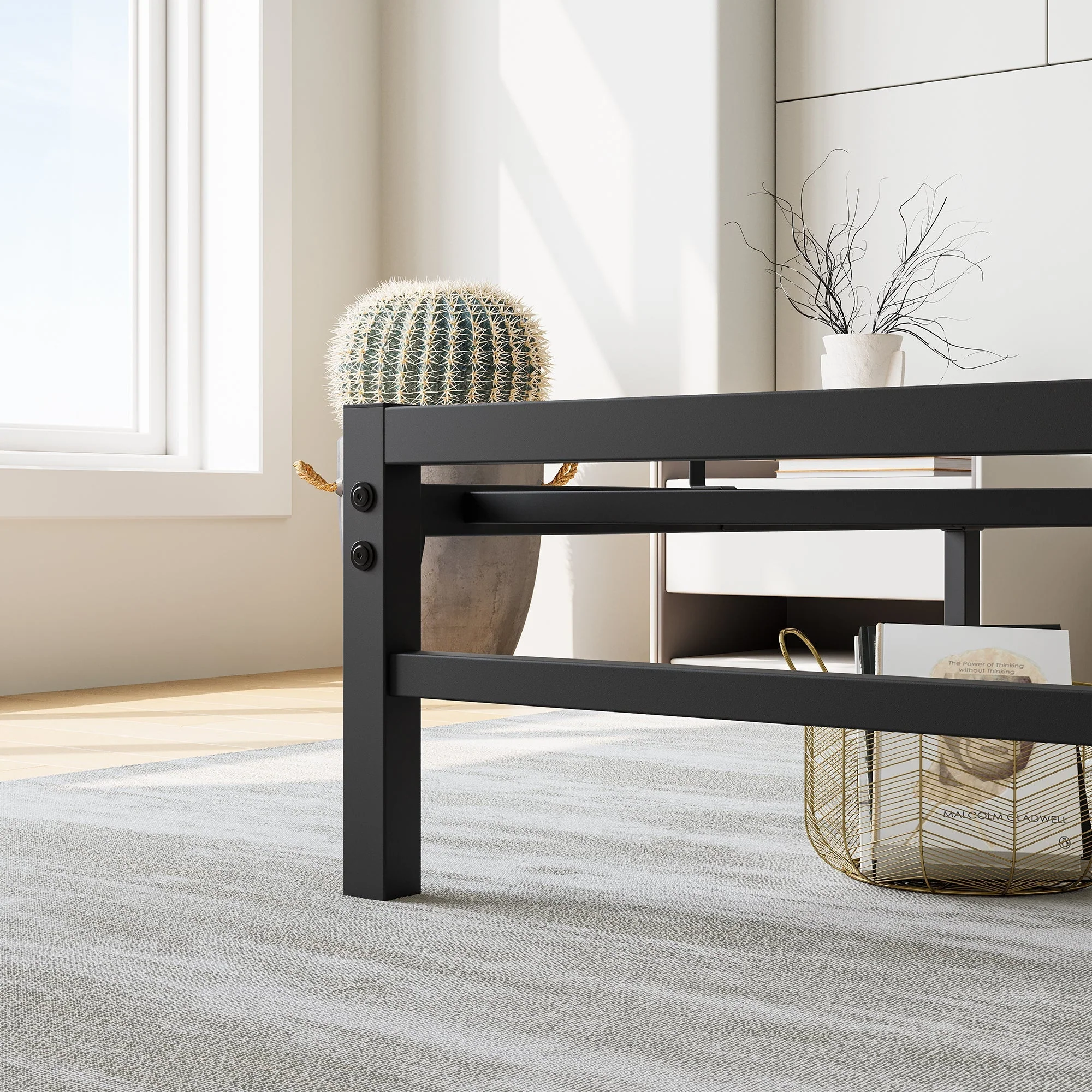 Industrial Platform Bed with Storage and Vintage Wood Headboard - Black - Image 5