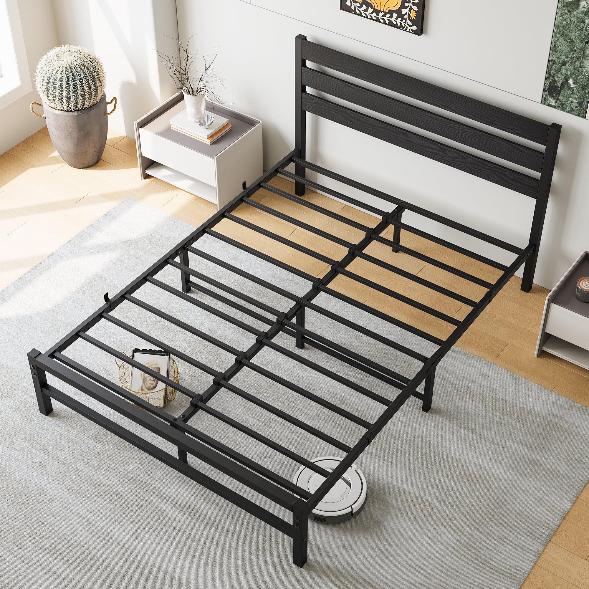 Industrial Platform Bed with Storage and Vintage Wood Headboard - Black - Image 6