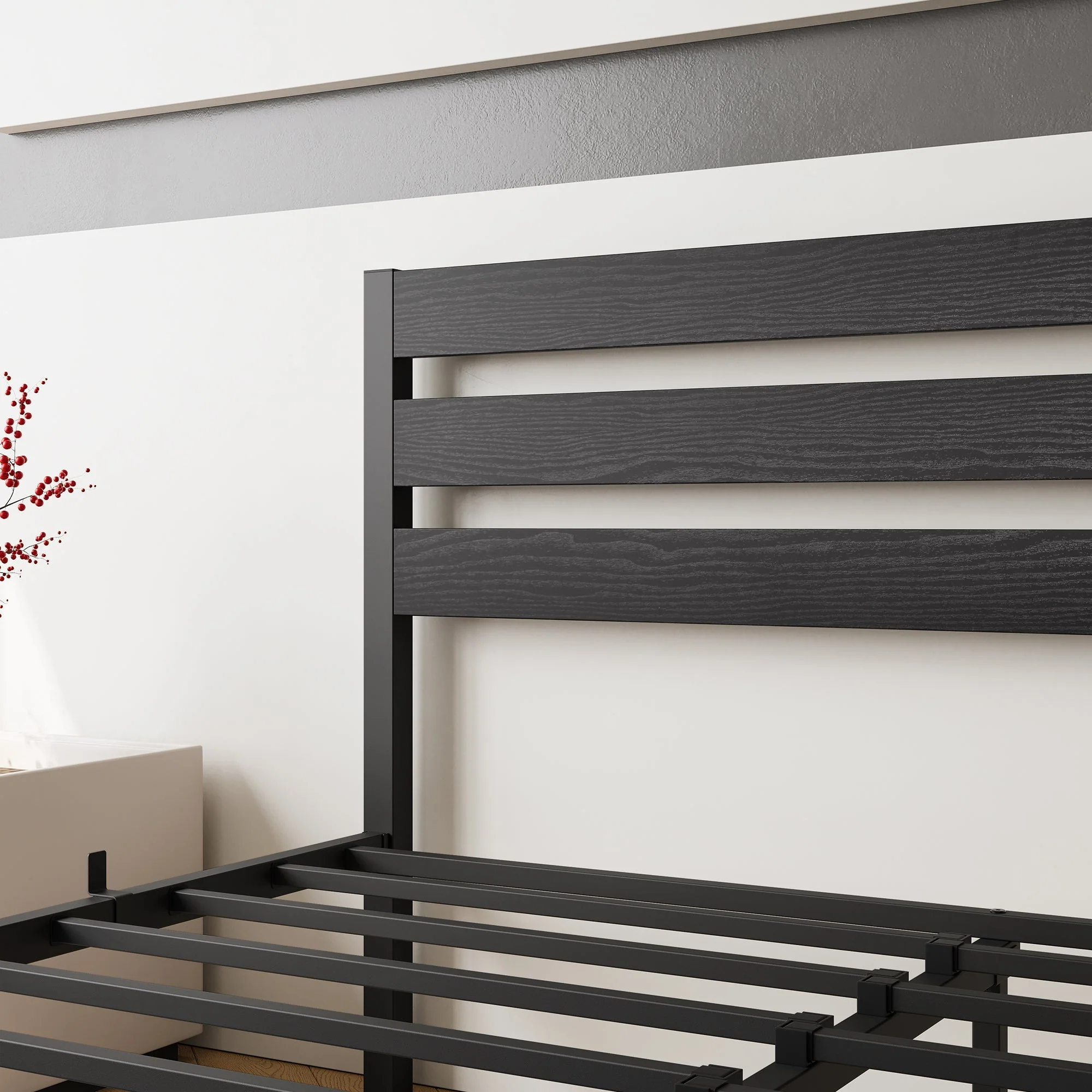 Industrial Platform Bed with Storage and Vintage Wood Headboard - Black - Image 7