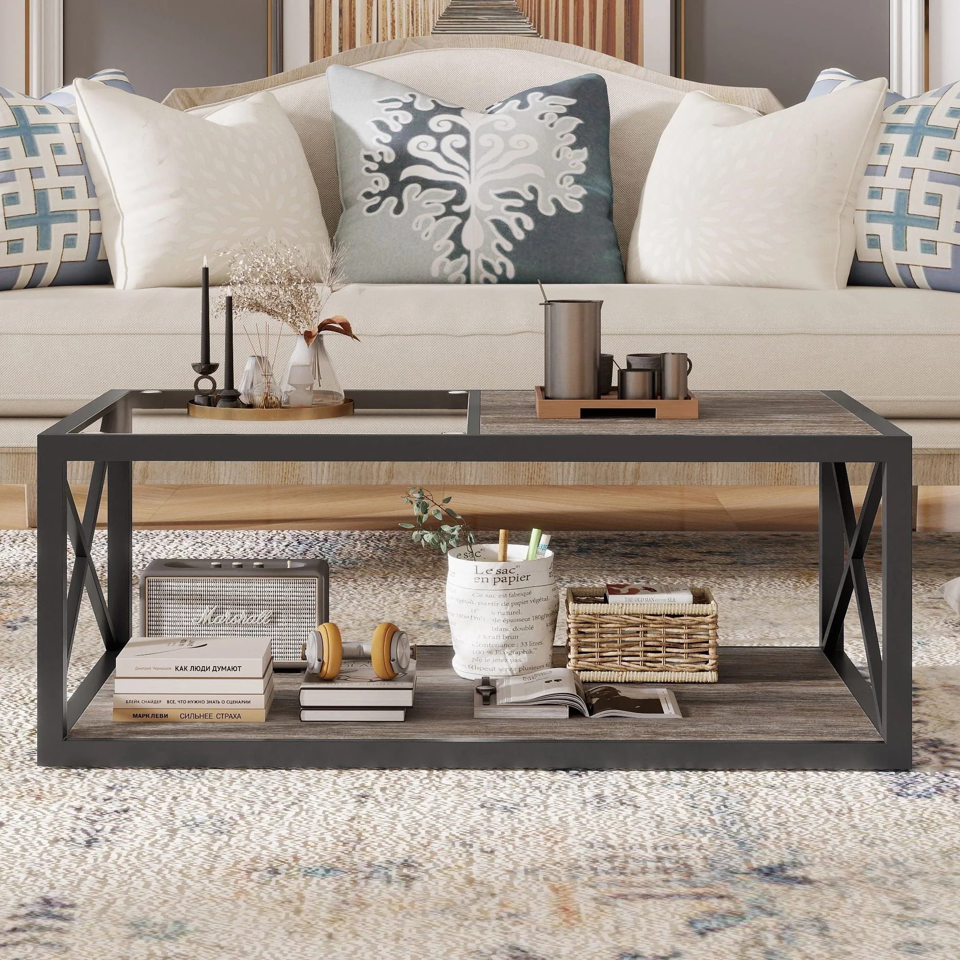 Industrial Style Coffee Table For Bedroom & Living Room With Tempered Glass & Wood Grain - Wood - Image 3