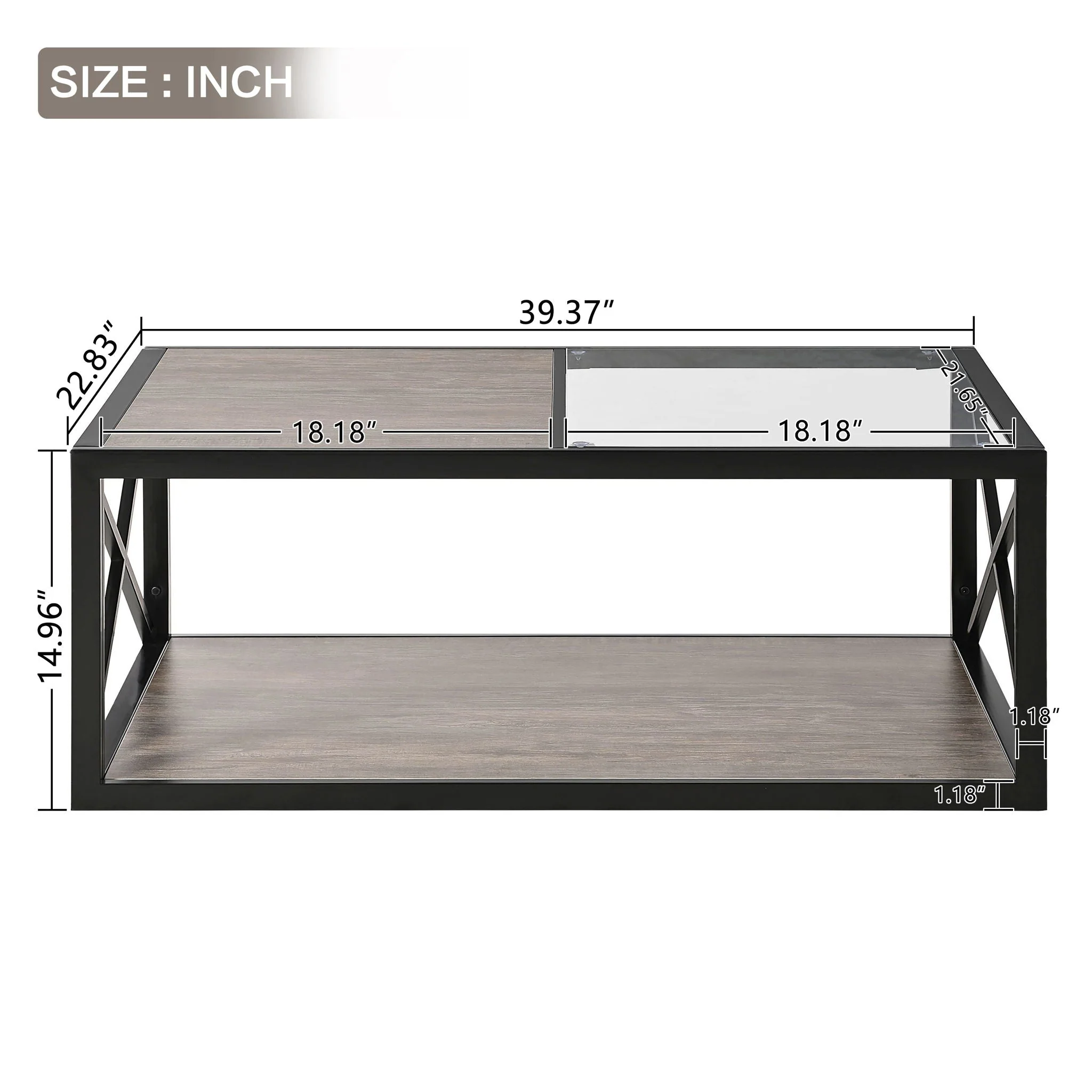 Industrial Style Coffee Table For Bedroom & Living Room With Tempered Glass & Wood Grain - Wood - Image 4