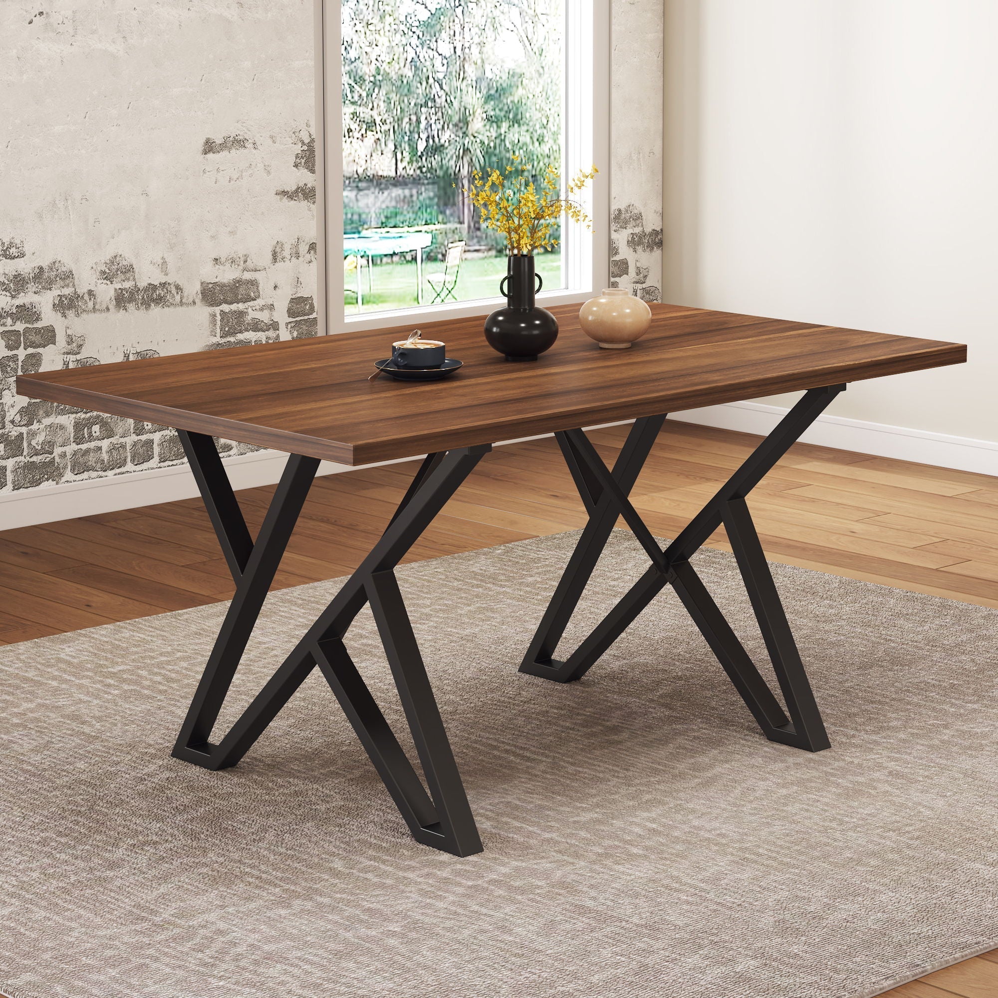 Industrial Style Indoor Dining Table With Metal Legs - Walnut / Black - Image 3