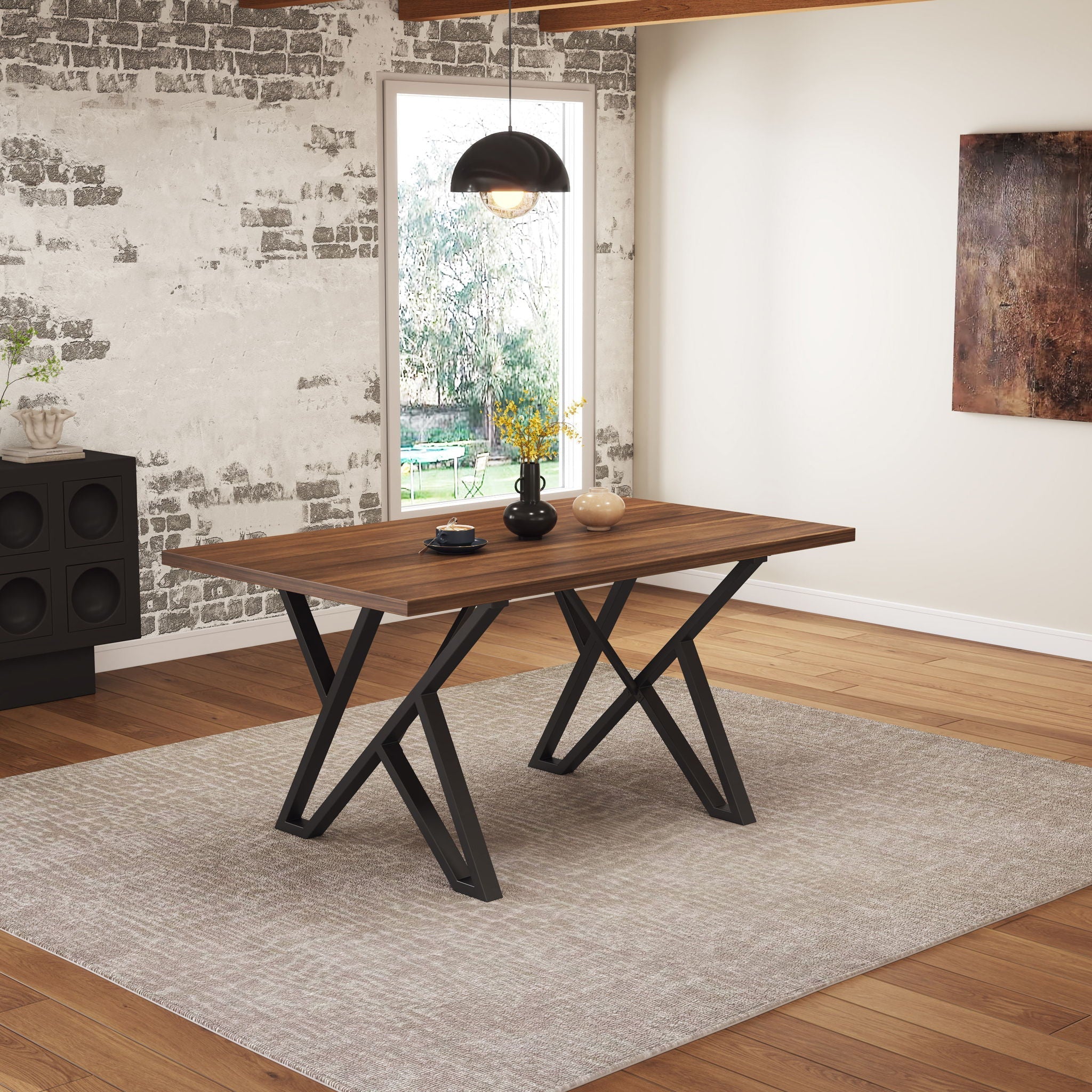 Industrial Style Indoor Dining Table With Metal Legs - Walnut / Black - Image 4