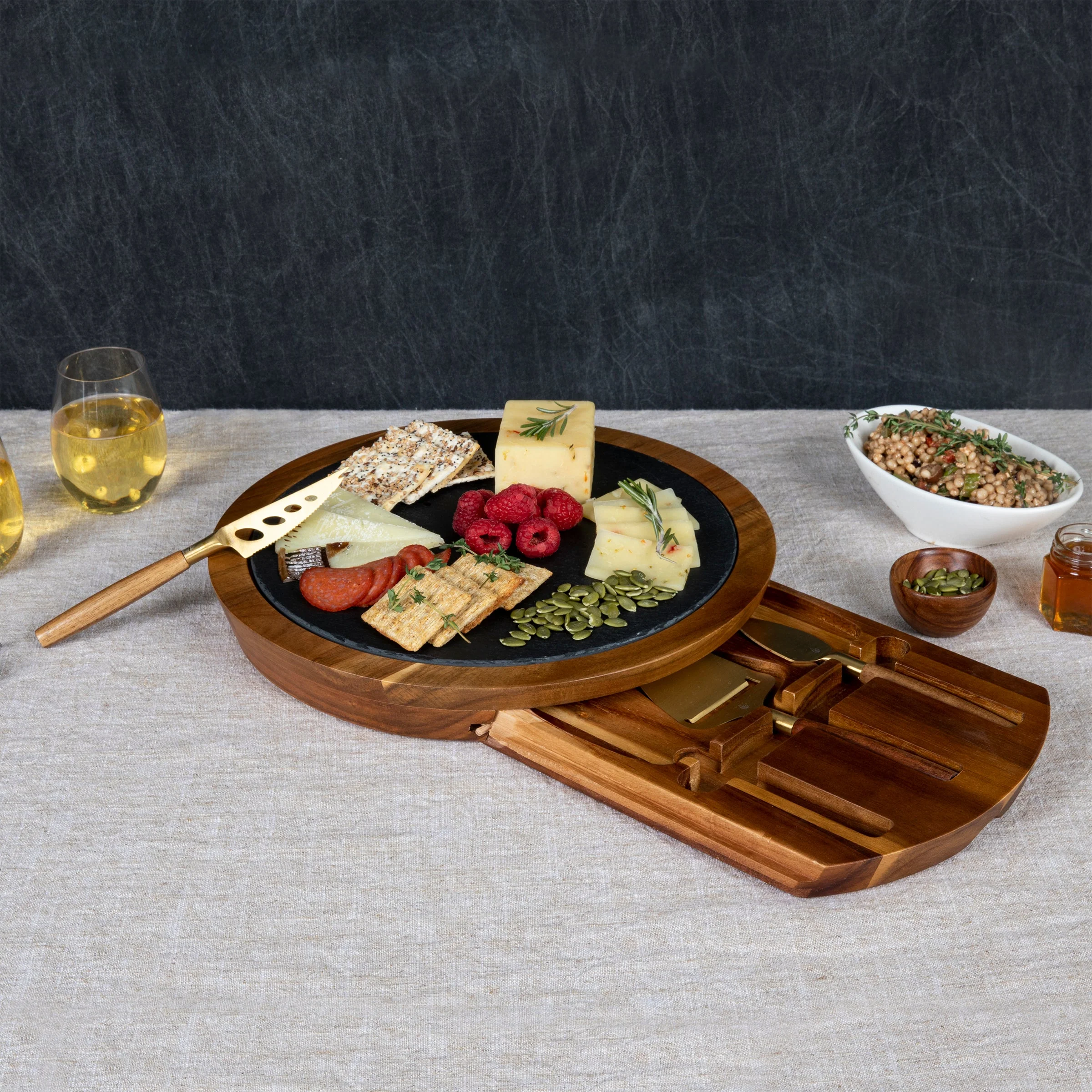 Insignia Acacia and Slate Serving Board with Cheese Tools - Image 2