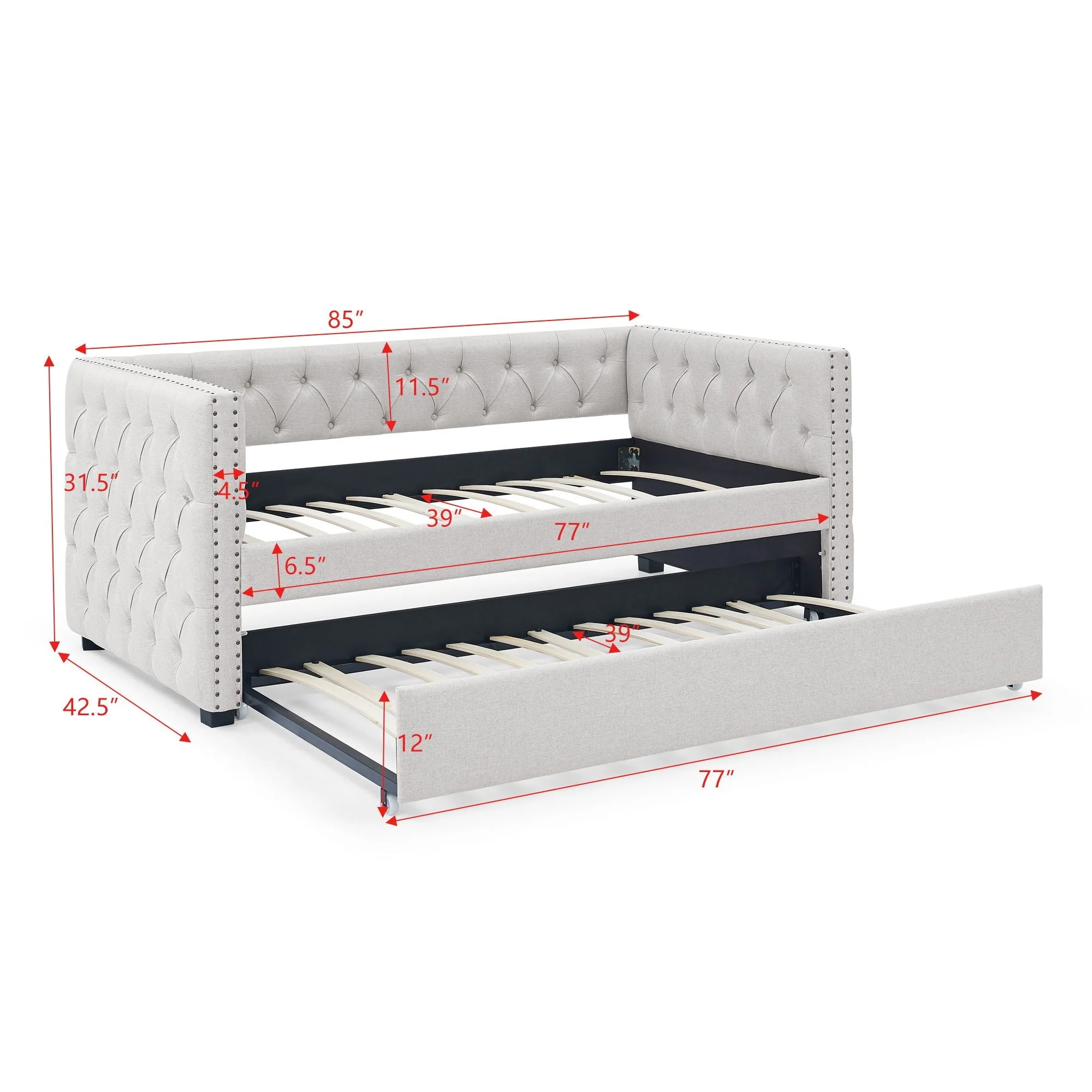 Inspired Upholstered Daybed With Trundle, Button Tufted - Image 3