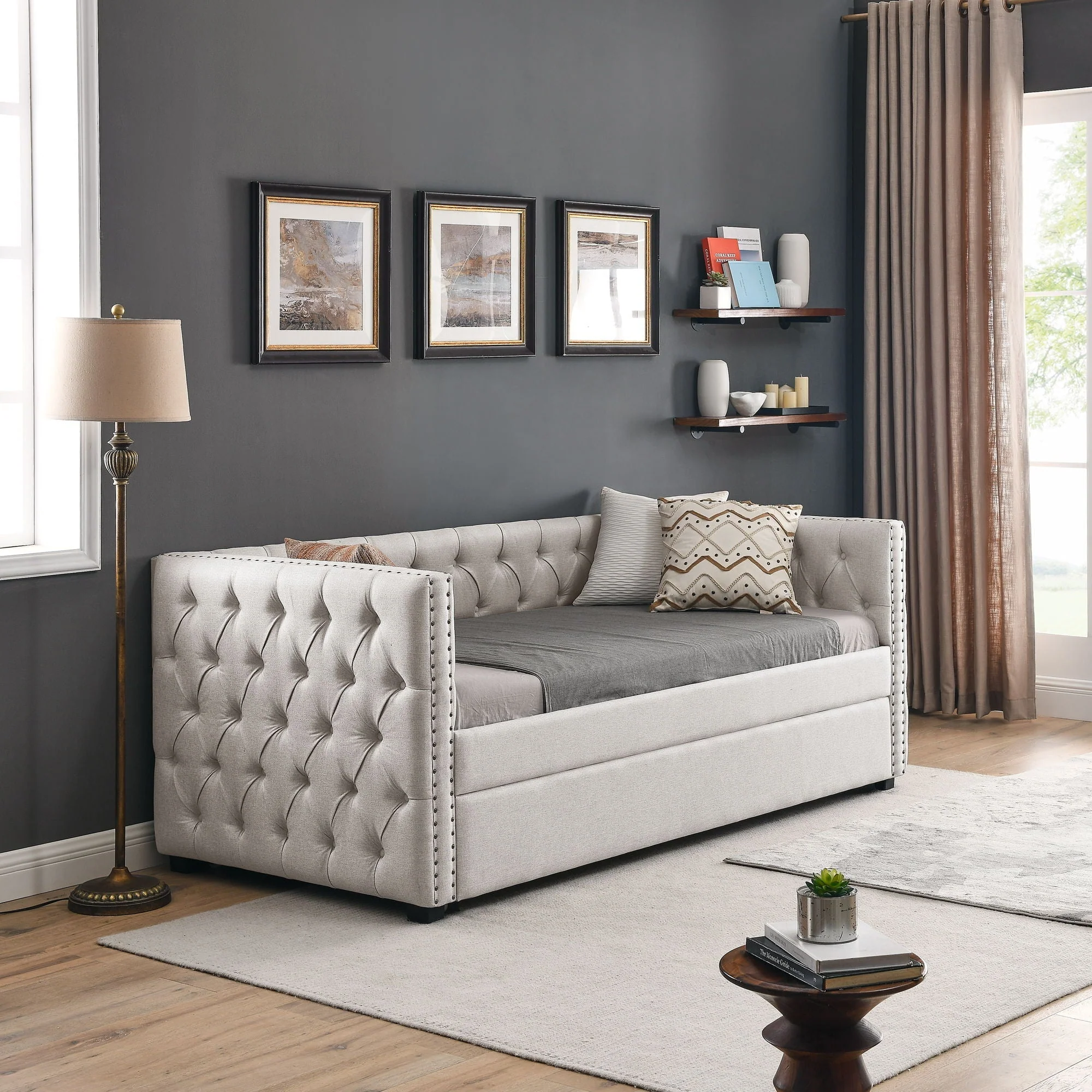 Inspired Upholstered Daybed With Trundle, Button Tufted - Image 7