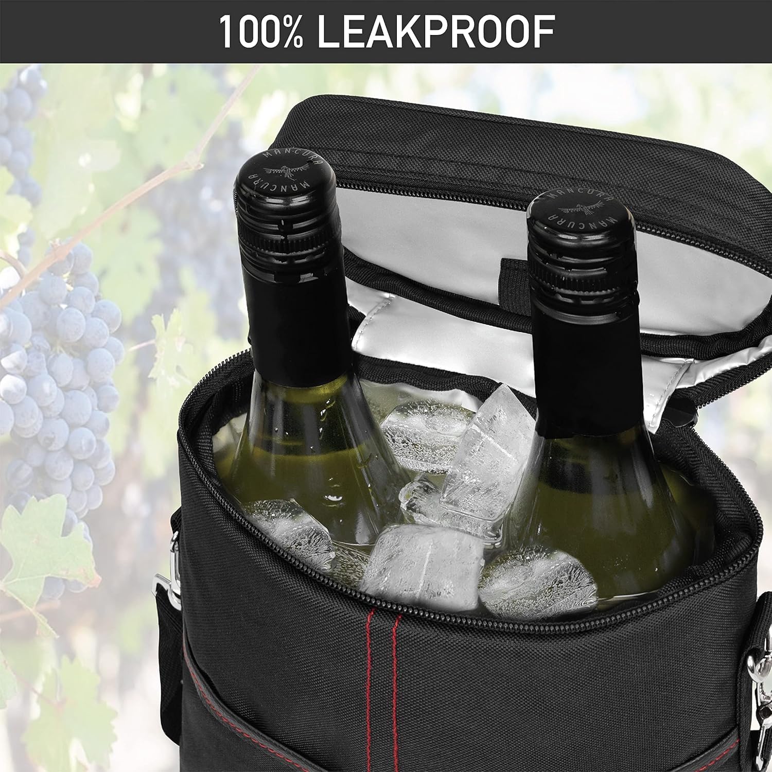 Insulated 2 Bottle Wine Cooler Bag Leakproof Canvas Carrier with Strap - Image 10