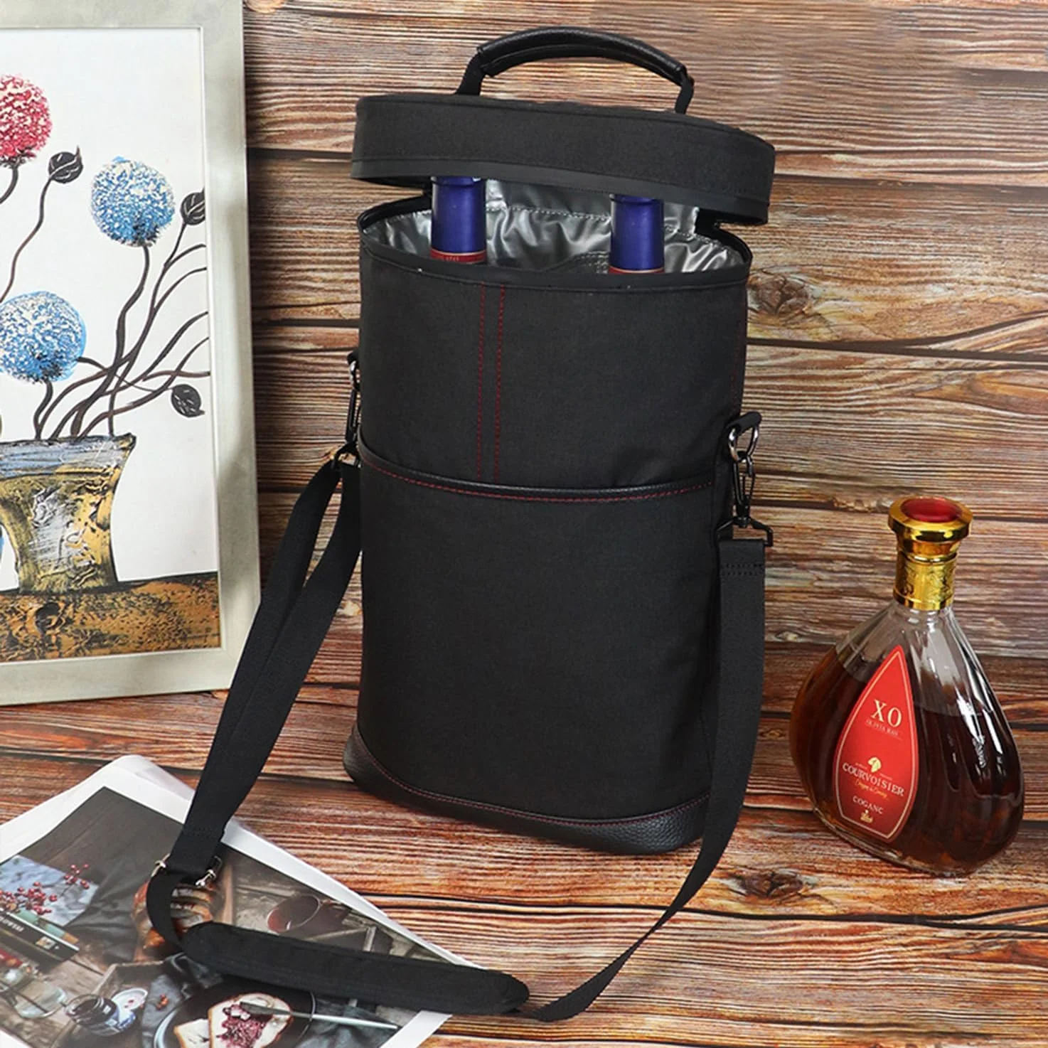 Insulated 2 Bottle Wine Cooler Bag Leakproof Canvas Carrier with Strap - Image 11