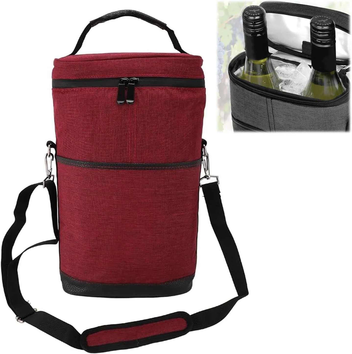 Insulated 2 Bottle Wine Cooler Bag Leakproof Canvas Carrier with Strap - Image 2