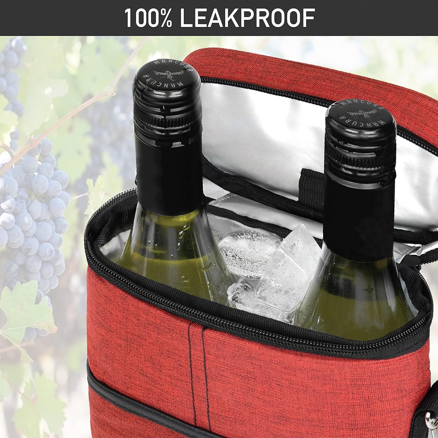 Insulated 2 Bottle Wine Cooler Bag Leakproof Canvas Carrier with Strap - Image 5