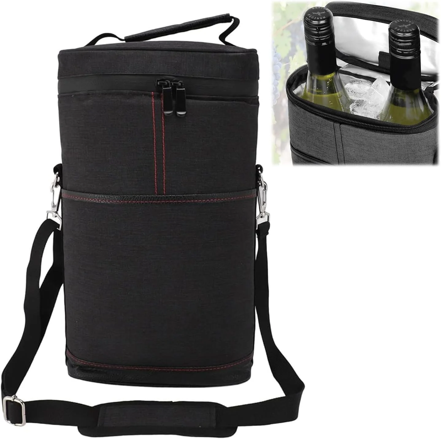Insulated 2 Bottle Wine Cooler Bag Leakproof Canvas Carrier with Strap - Image 6