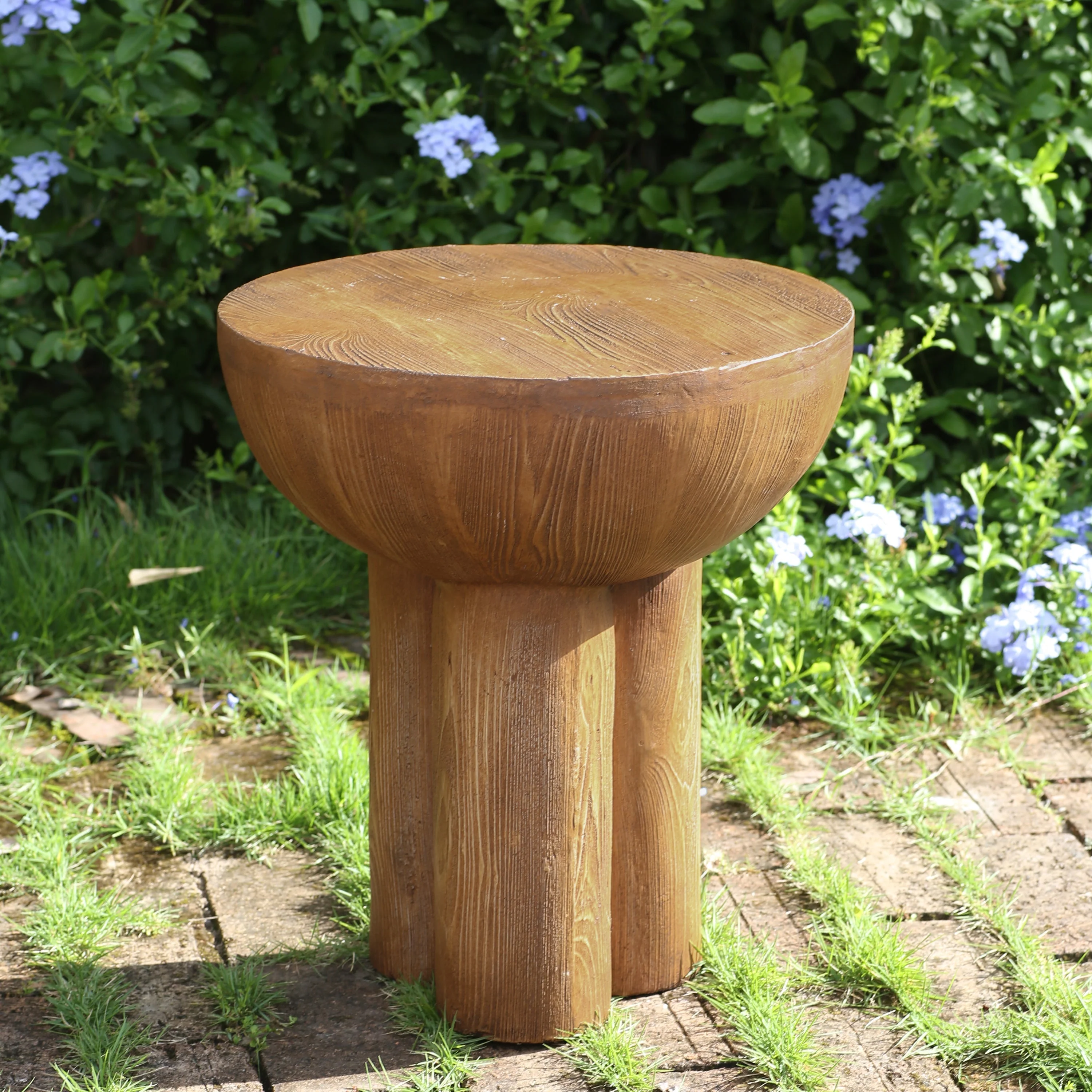 Iris Outdoor Patio Three-Legged Wood-Grain Side Table - Image 2