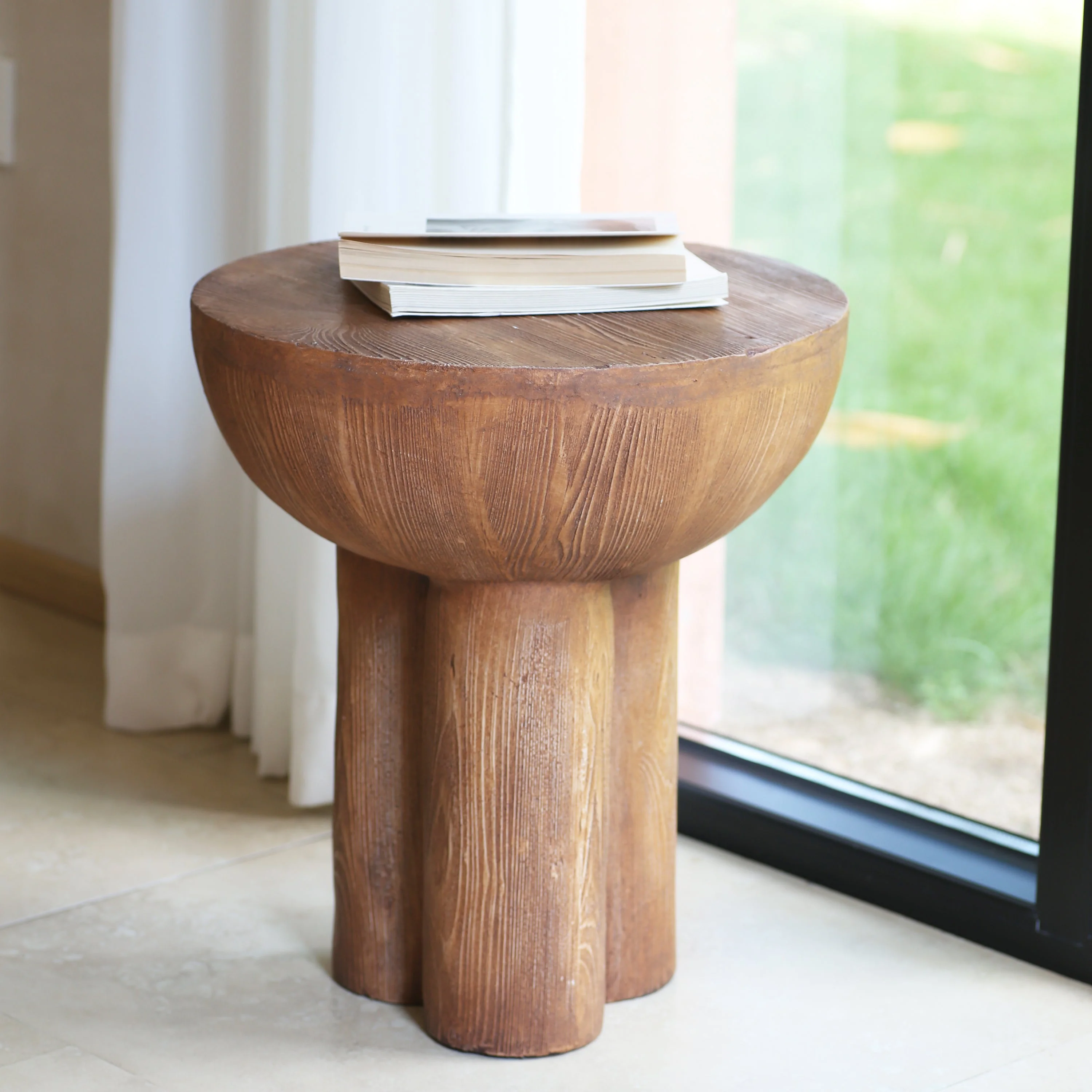 Iris Outdoor Patio Three-Legged Wood-Grain Side Table - Image 3