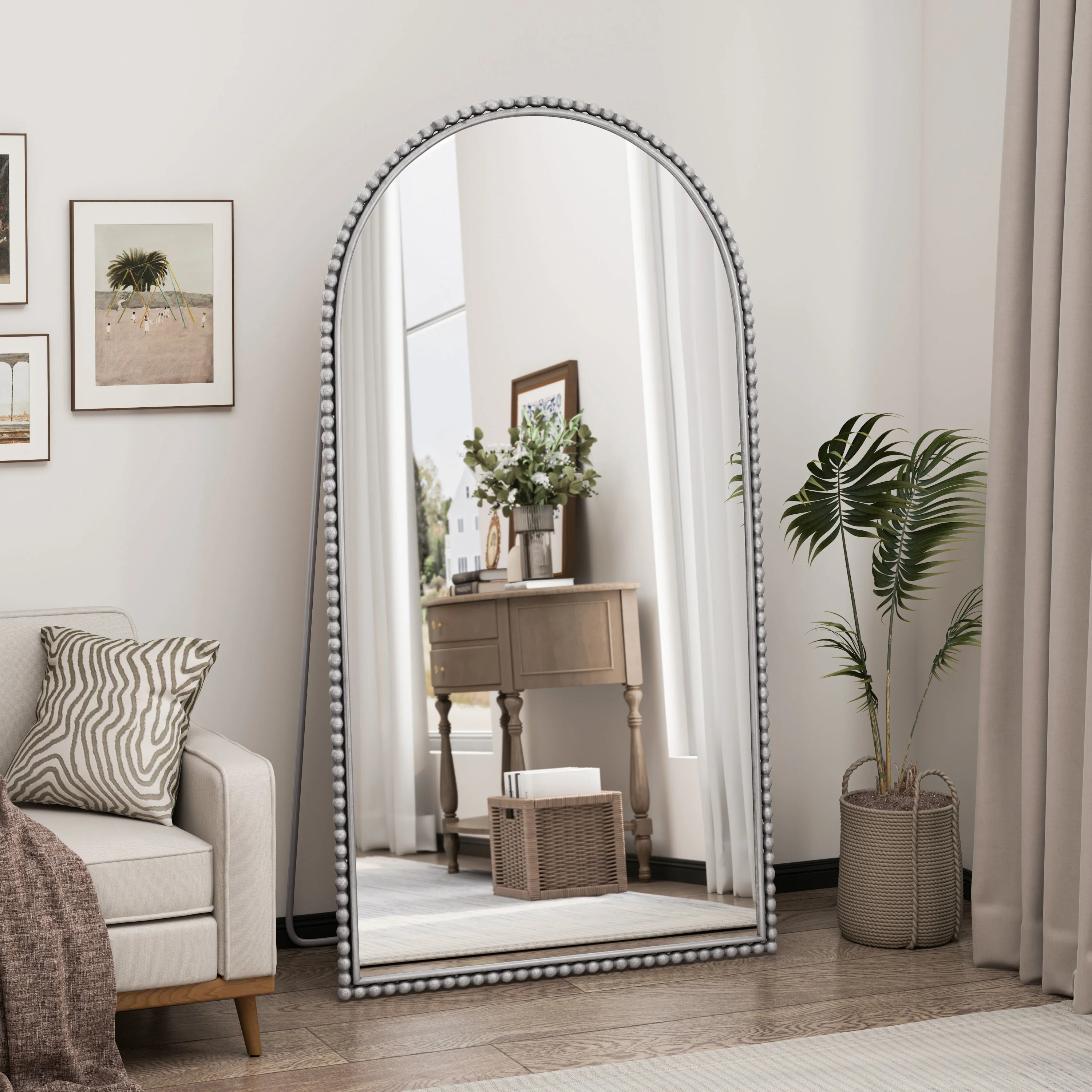Iron Arch Retro Full Length Mirror with Supporting Feet in Silver - Image 2