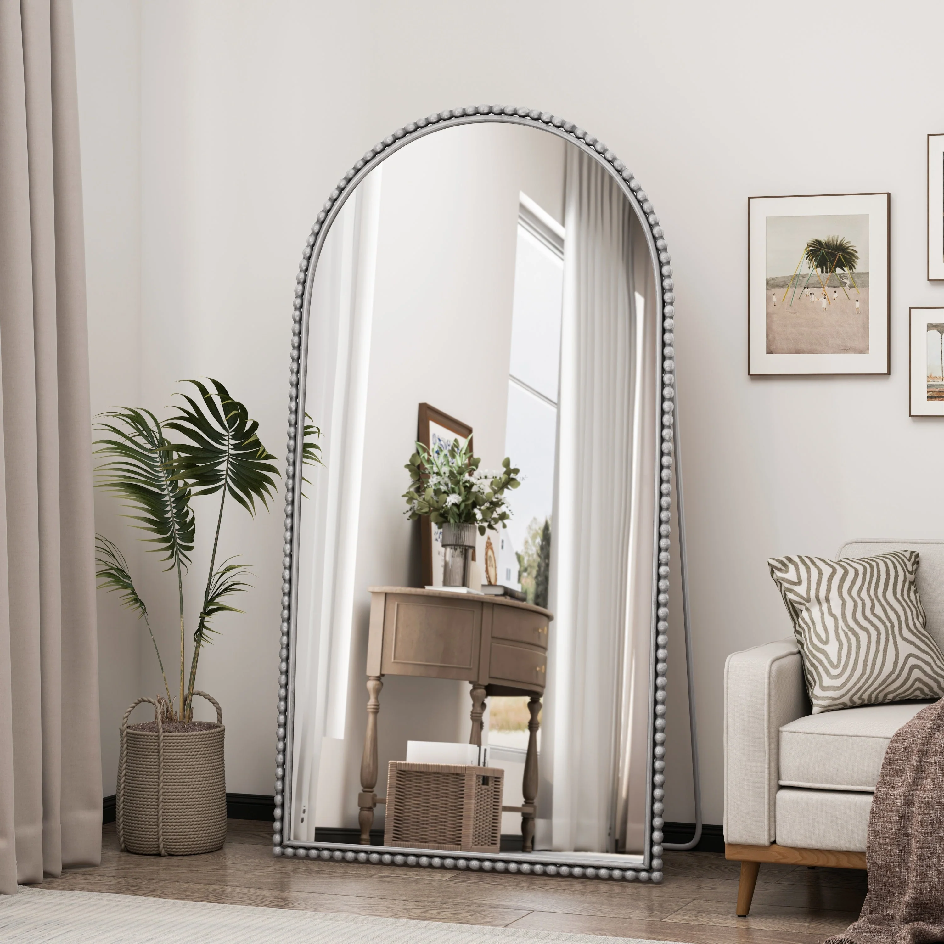 Iron Arch Retro Full Length Mirror with Supporting Feet in Silver - Image 5