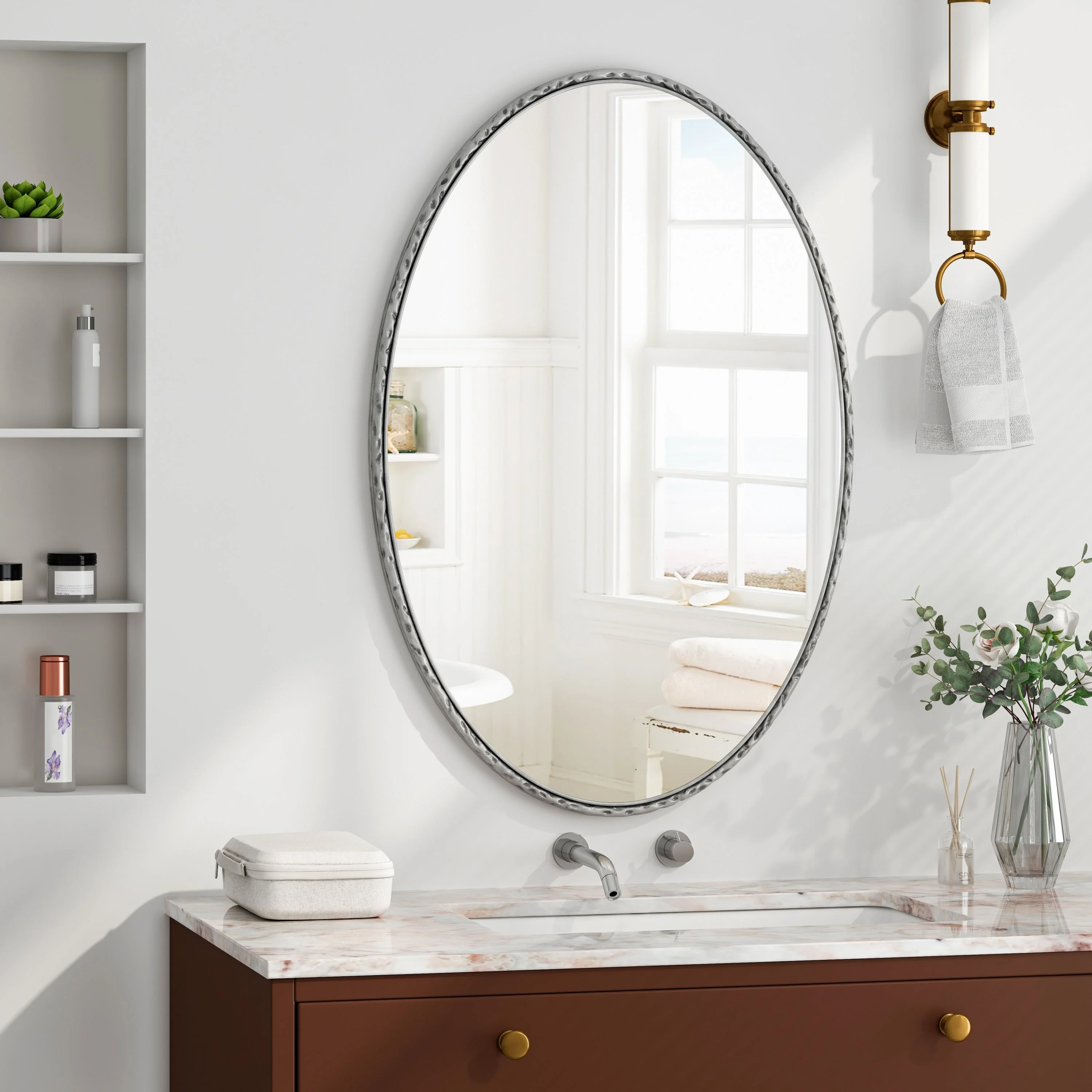 Iron Art Oval Retro Mirror with Antique Effect in Silver - Image 4