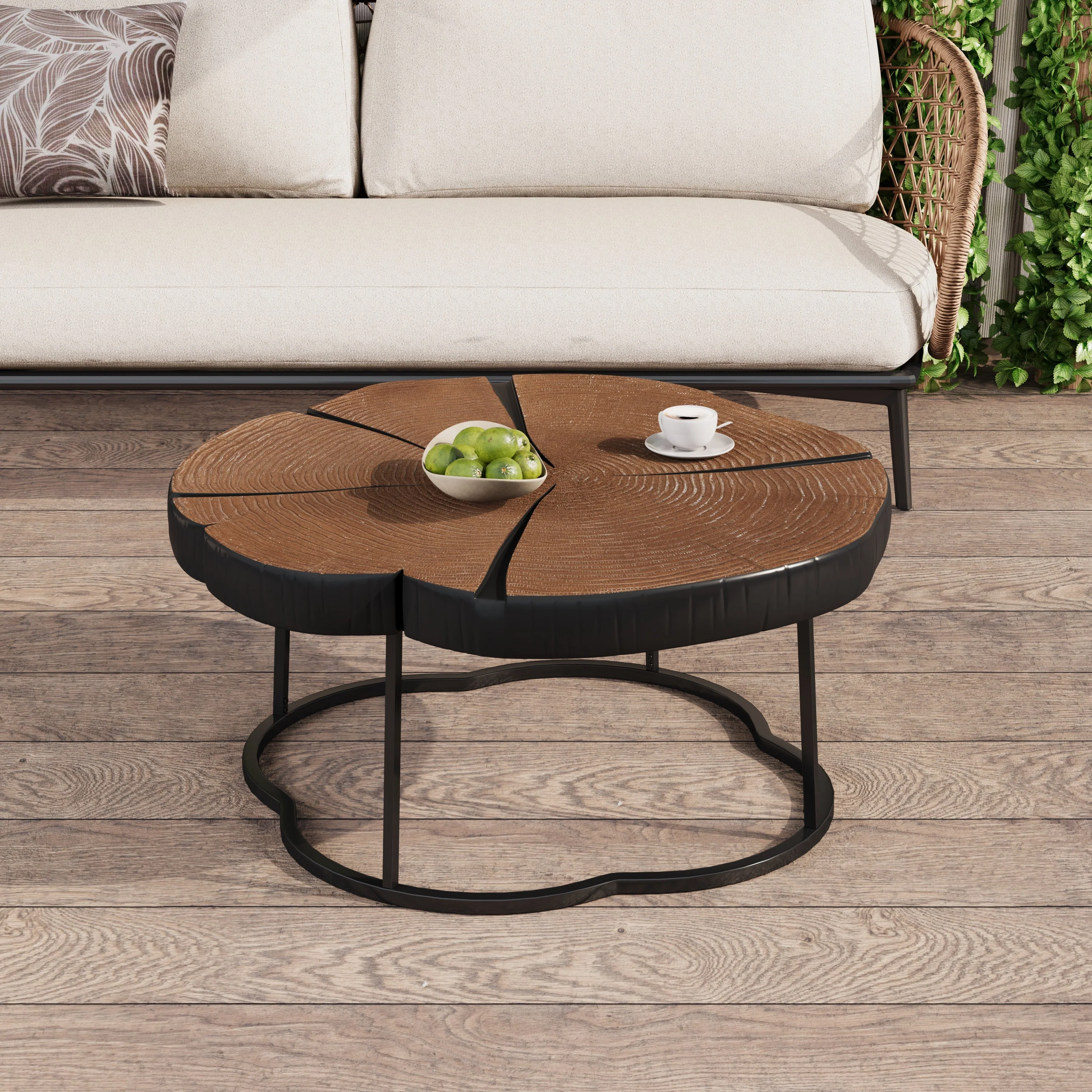 Irregular Coffee Table, 27" Modern MGO Top with Natural Wood & Black Metal Base - Image 3