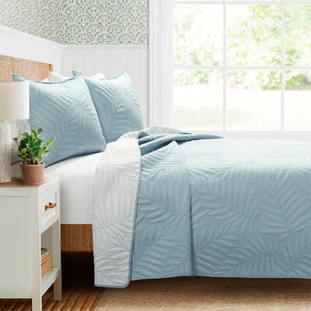 Isla Embroidered Leaf Reversible Cotton Quilt 3 Piece Set - Image 8