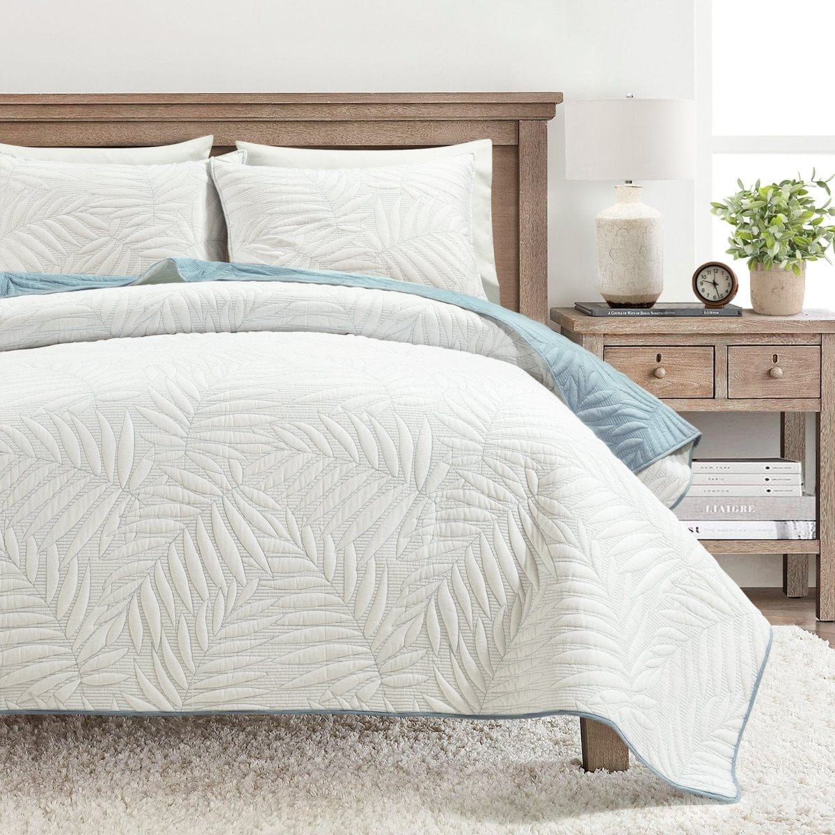 Isla Embroidered Leaf Reversible Cotton Quilt 3 Piece Set - Image 9