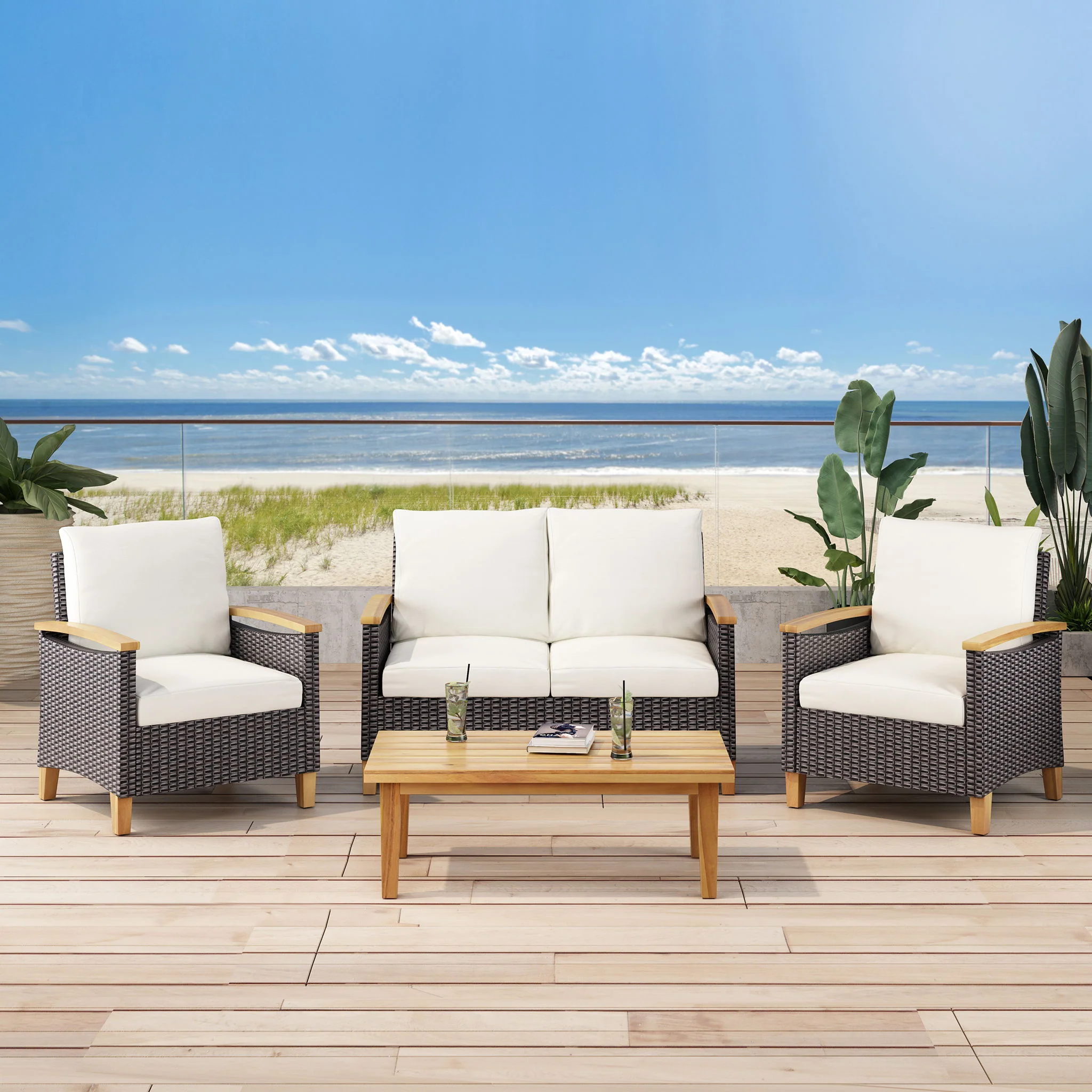 Isla Transitional Chat Set With Water Resistant Cushions - Teak - Image 3