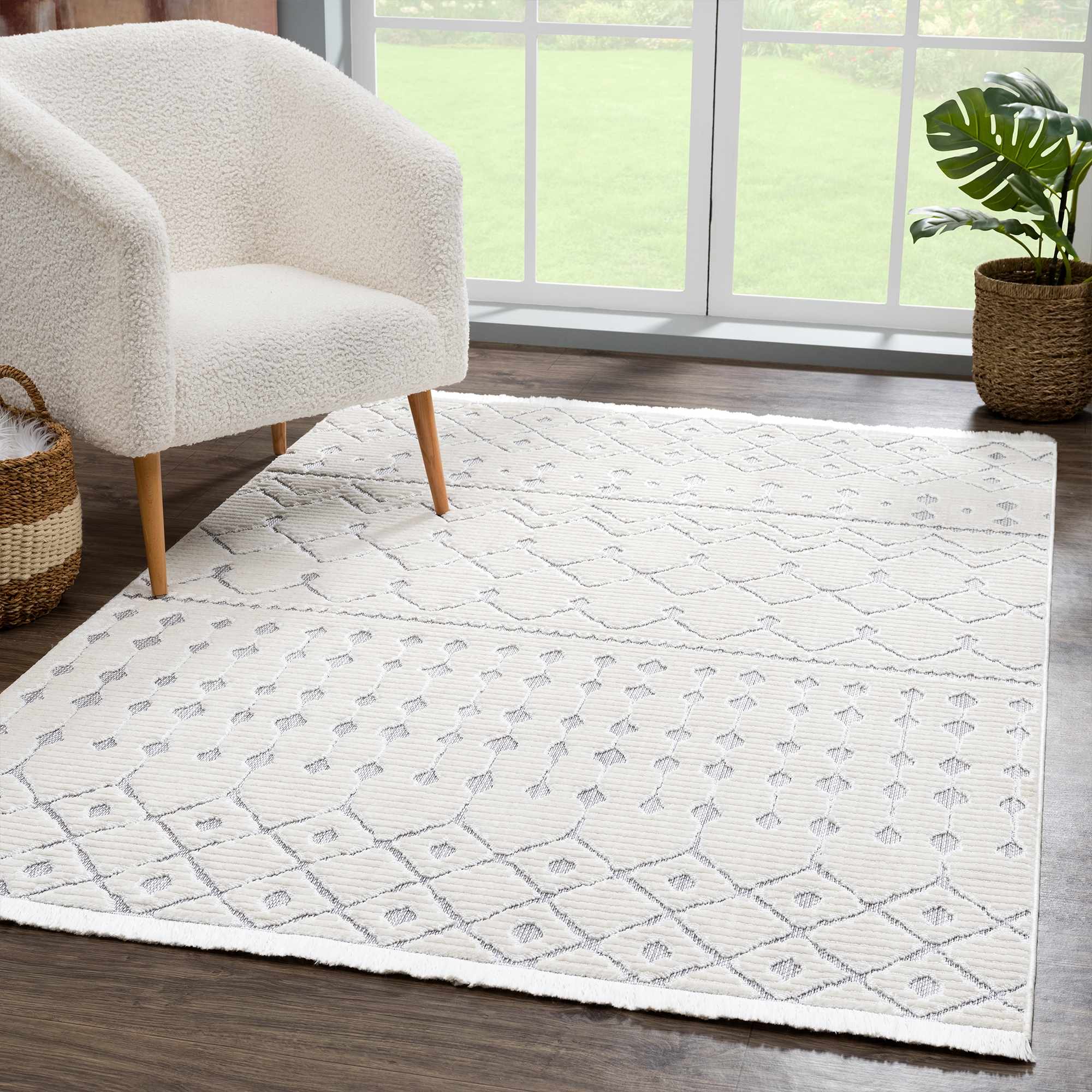 Ivory Gray Beil Textured Trellis Fringe Area Rug - Clearance - Image 2