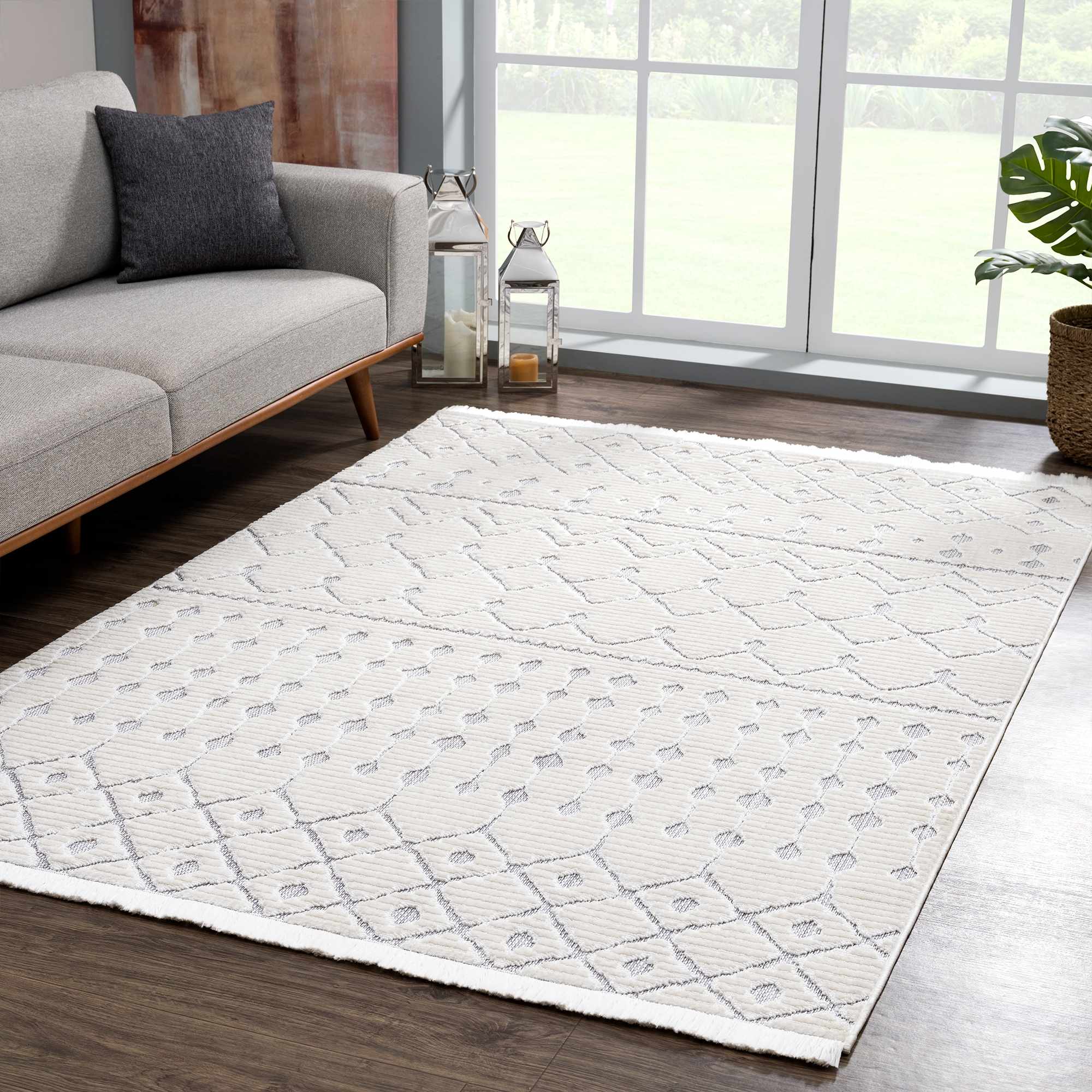 Ivory Gray Beil Textured Trellis Fringe Area Rug - Clearance - Image 3