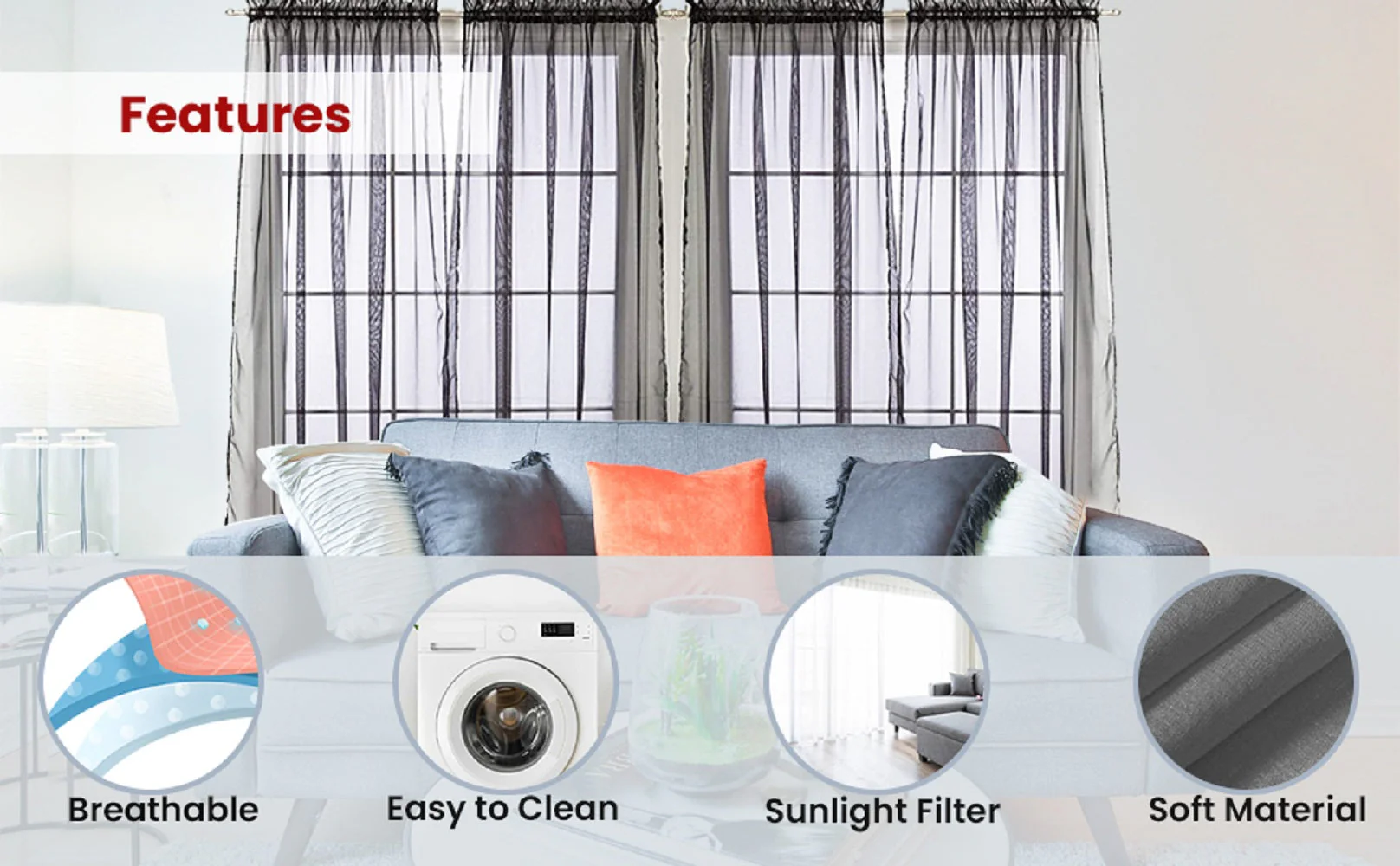 J&V Textiles 4-Pack Value: Solid Sheer Window Curtain Panels - Image 4