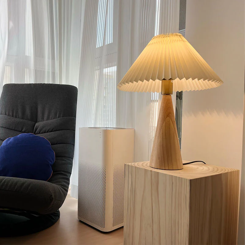 Japanese Minimalist Wooden Table Lamp Pleated Shade LED Indoor Lighting - Image 10