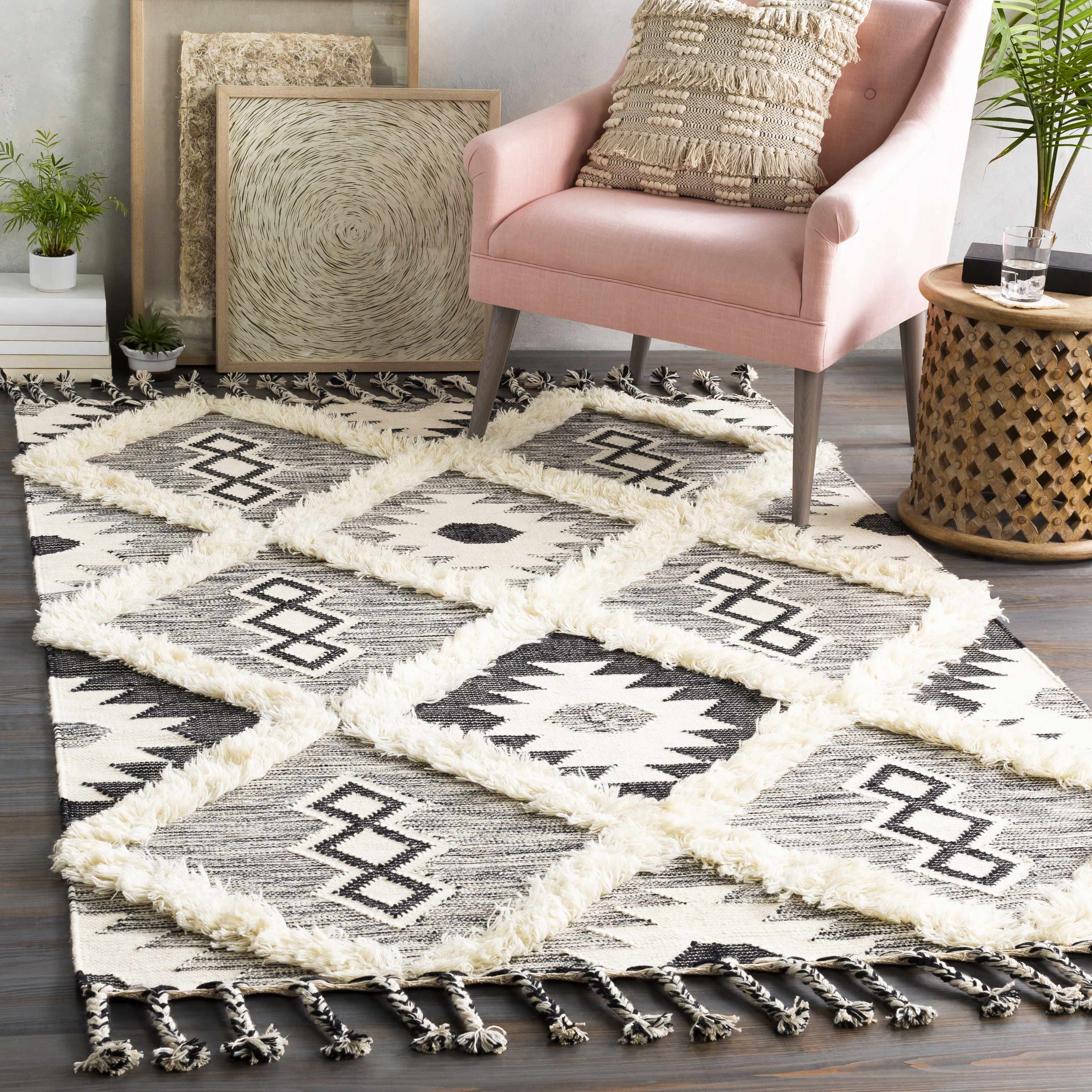 Jarales Cream/Black Tribal Tassel Wool Rug - Clearance - Image 2