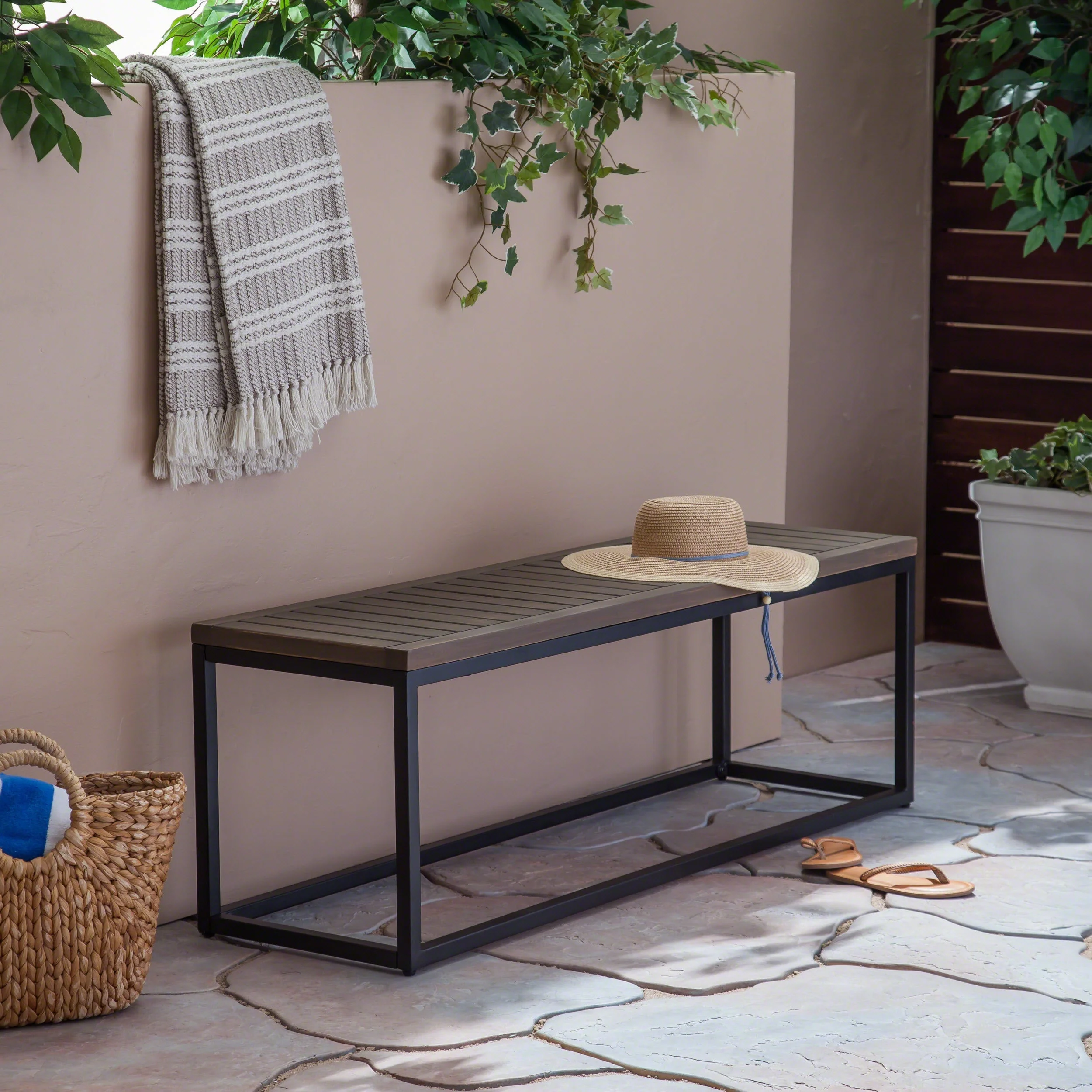 JECO Industrial Wood and Metal Outdoor Bench - Image 4