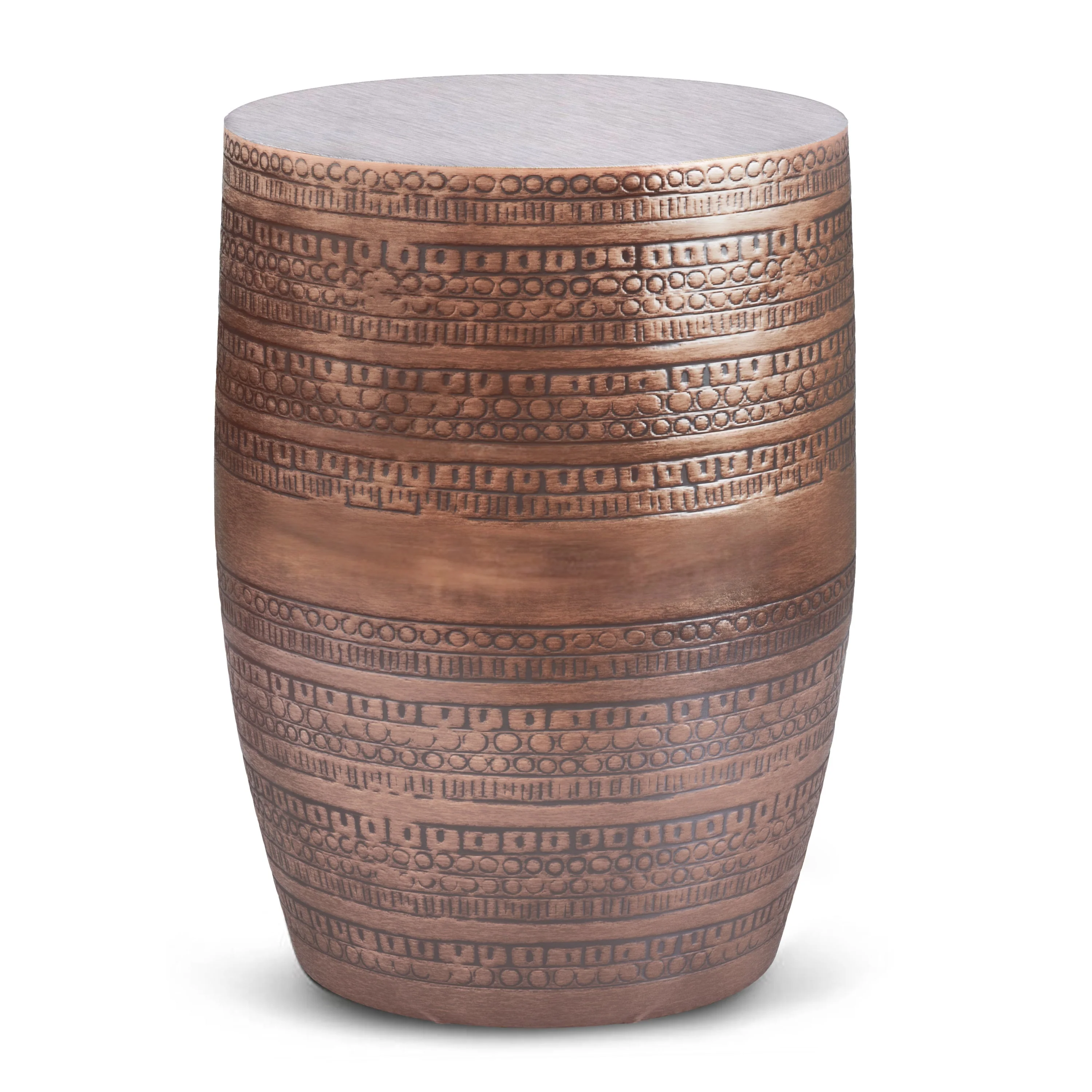 Johnsen 15 Inch Wide Tribal Pattern Metal Accent Table in Antique Copper