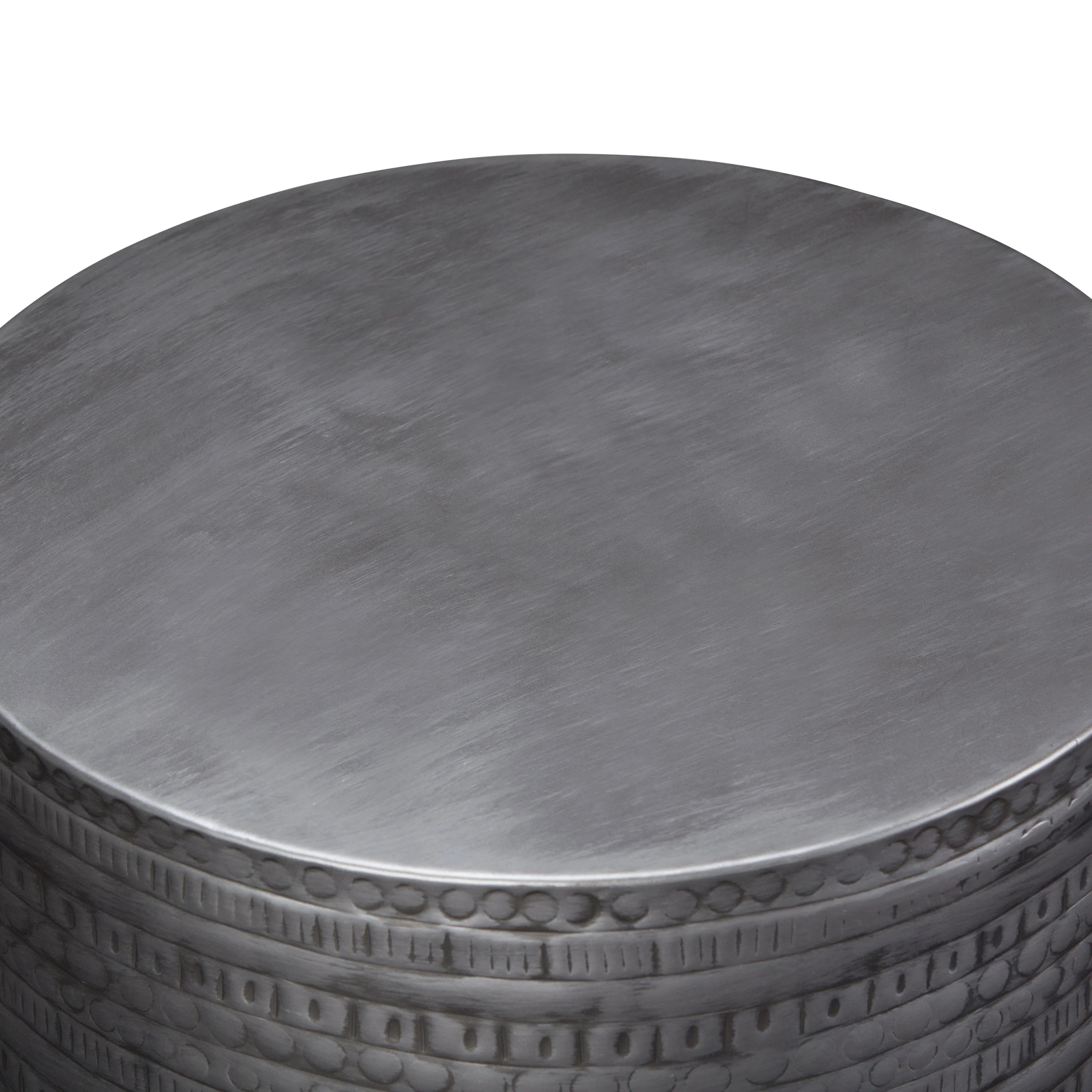 Johnsen 15 Inch Wide Tribal Pattern Metal Accent Table in Antique Silver - Image 3