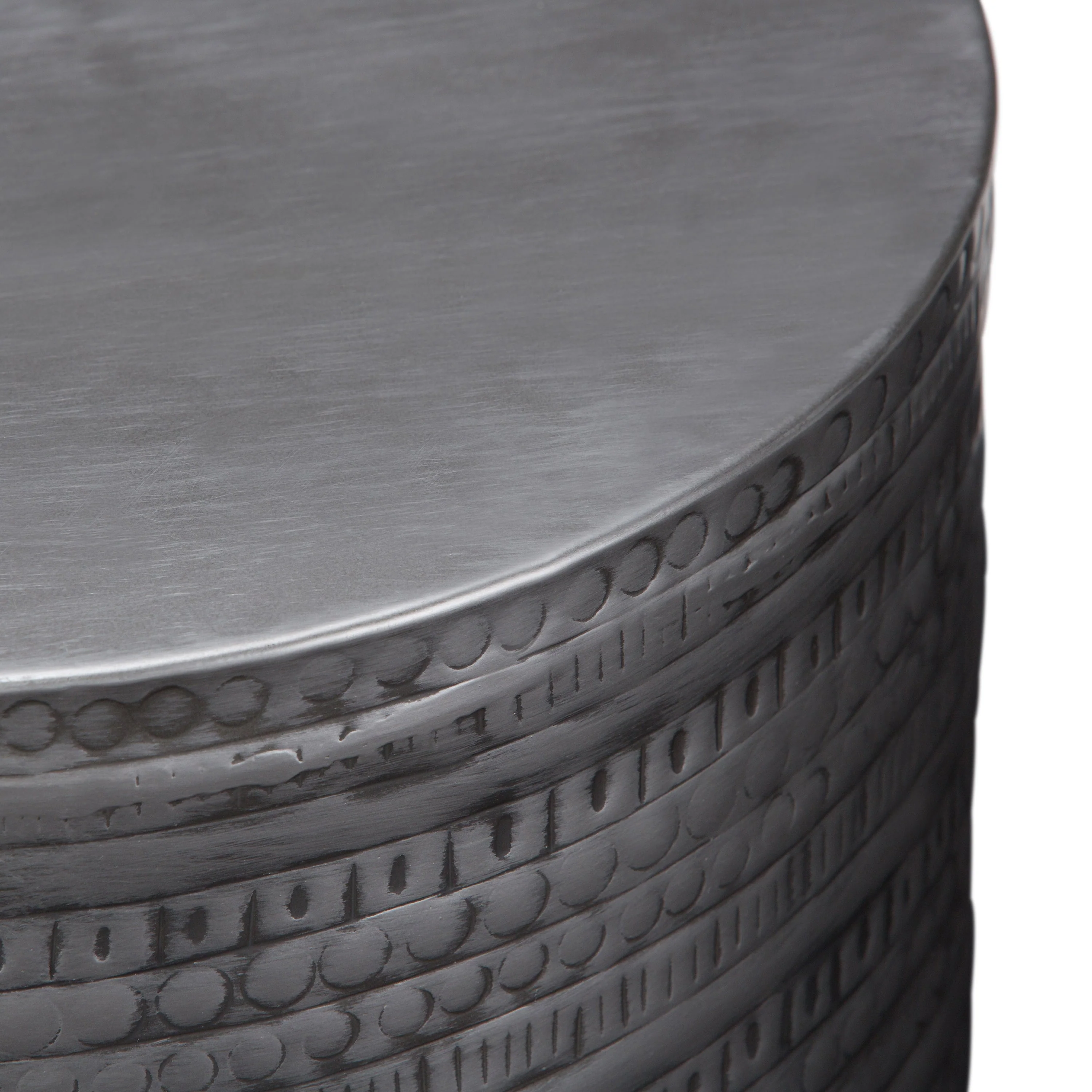 Johnsen 15 Inch Wide Tribal Pattern Metal Accent Table in Antique Silver - Image 4