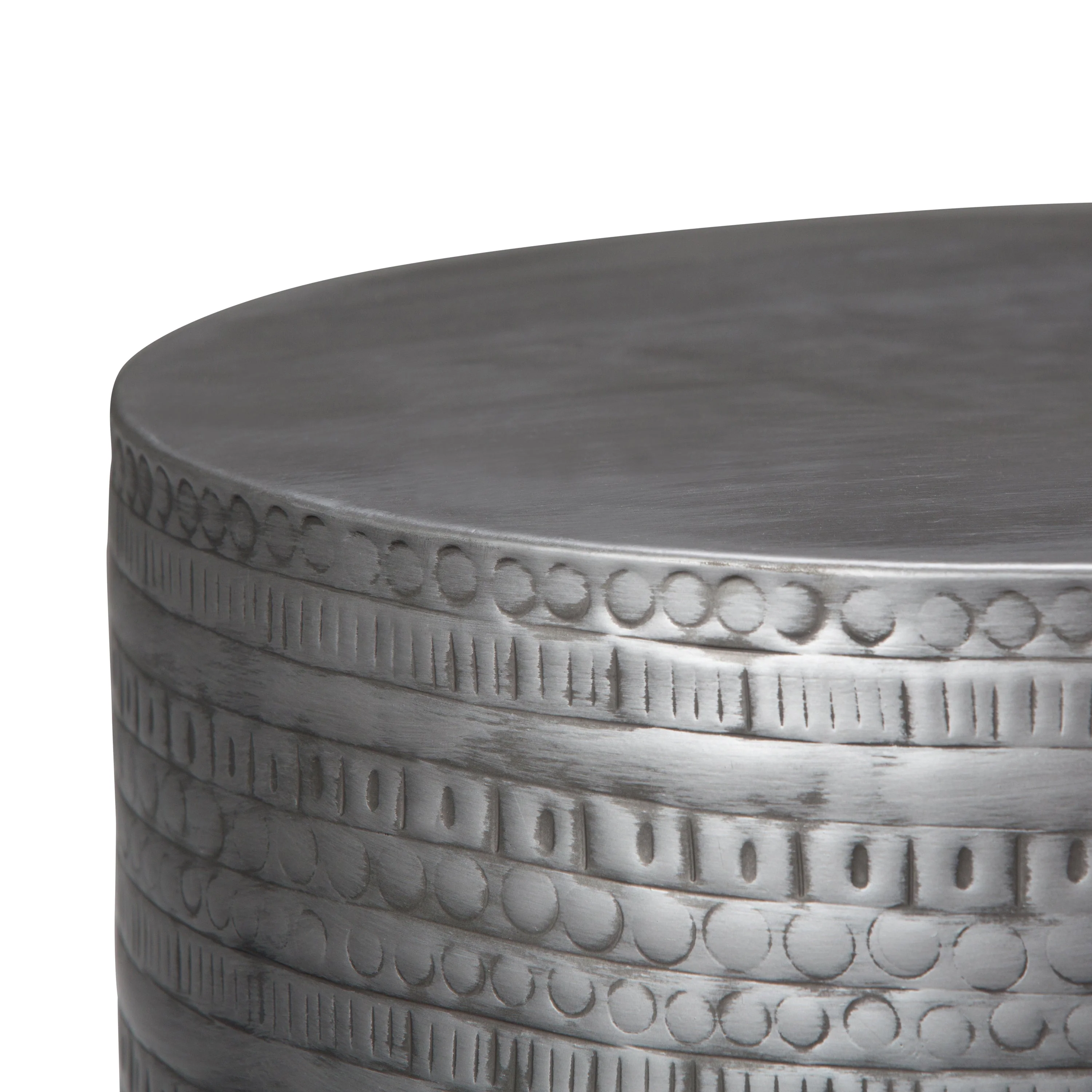 Johnsen 15 Inch Wide Tribal Pattern Metal Accent Table in Antique Silver - Image 5