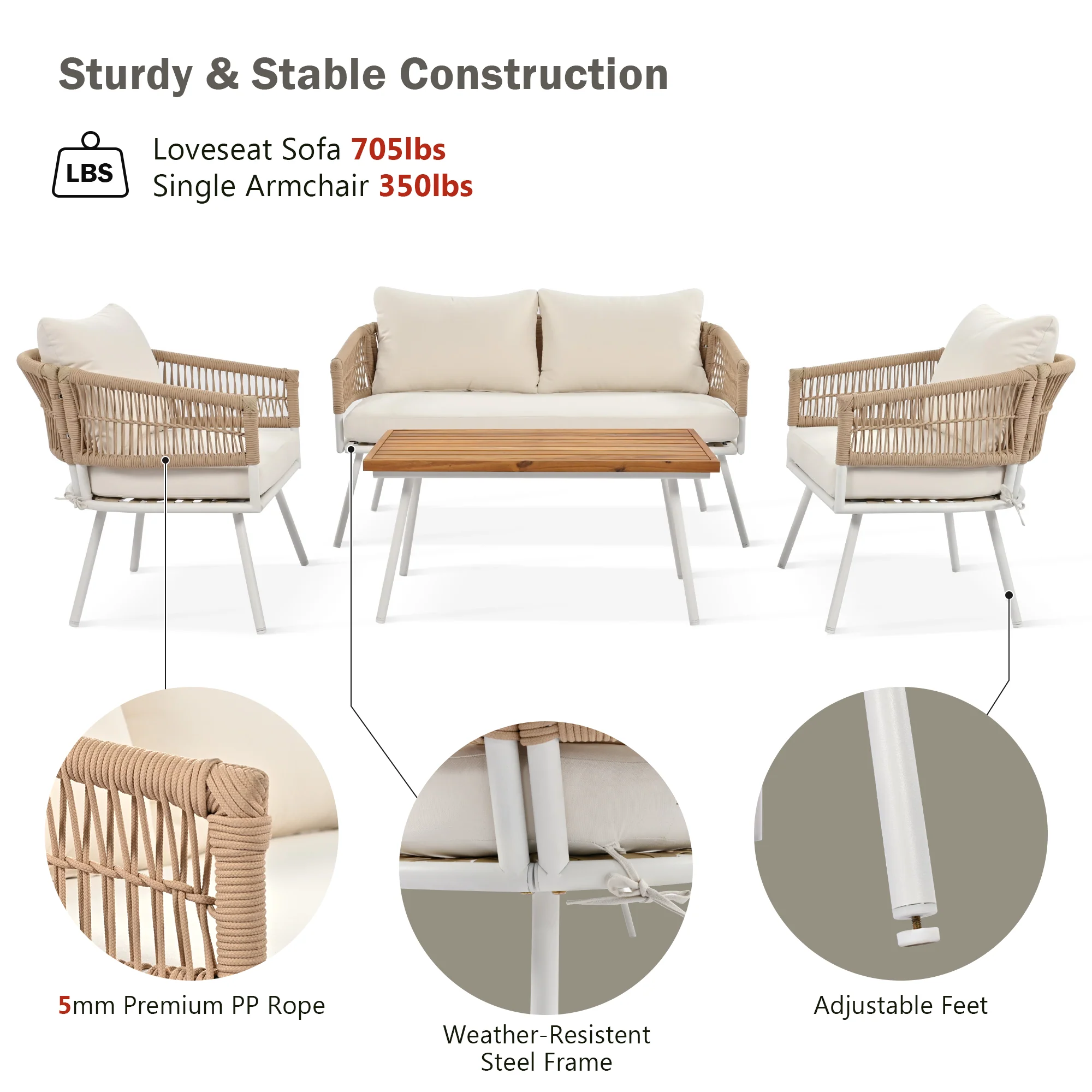 K&K 4-Piece Boho Rope Patio Furniture Set - Image 5