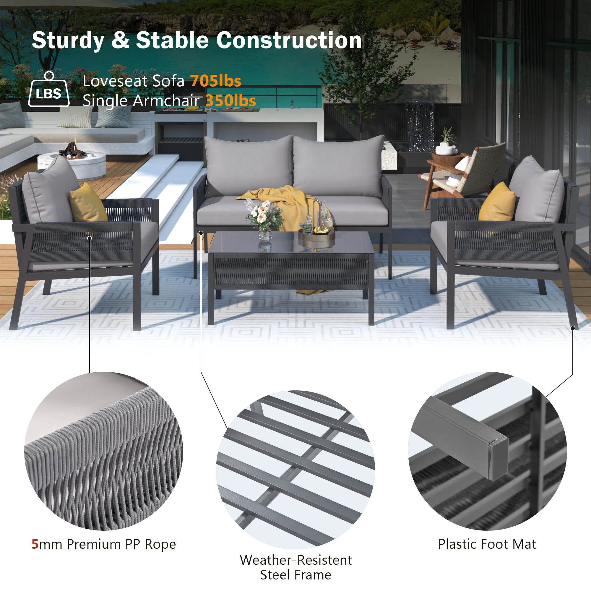 K&K 4-Piece Rope Patio Furniture Set - Image 6