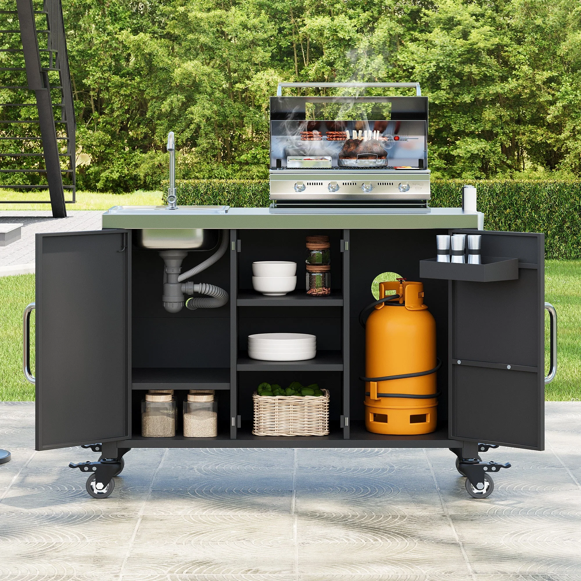 K&K 55.5" Outdoor Kitchen Island with Sink - Image 3